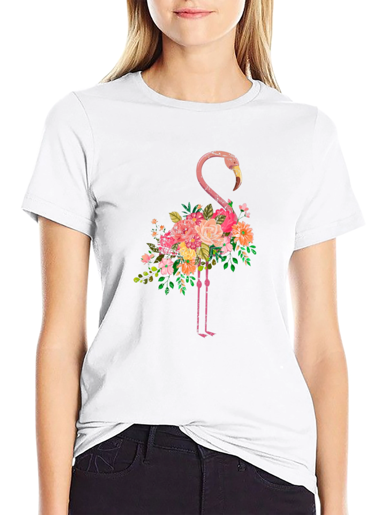 Floral Flamingo Graphic Tee - Black Cotton T-Shirt