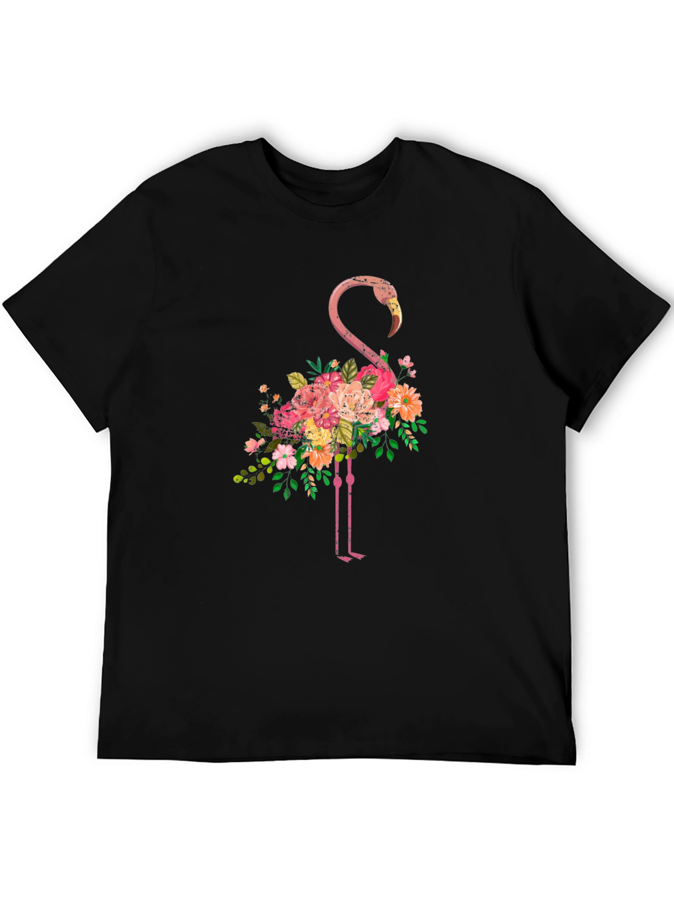 Floral Flamingo Graphic Tee - Black Cotton T-Shirt