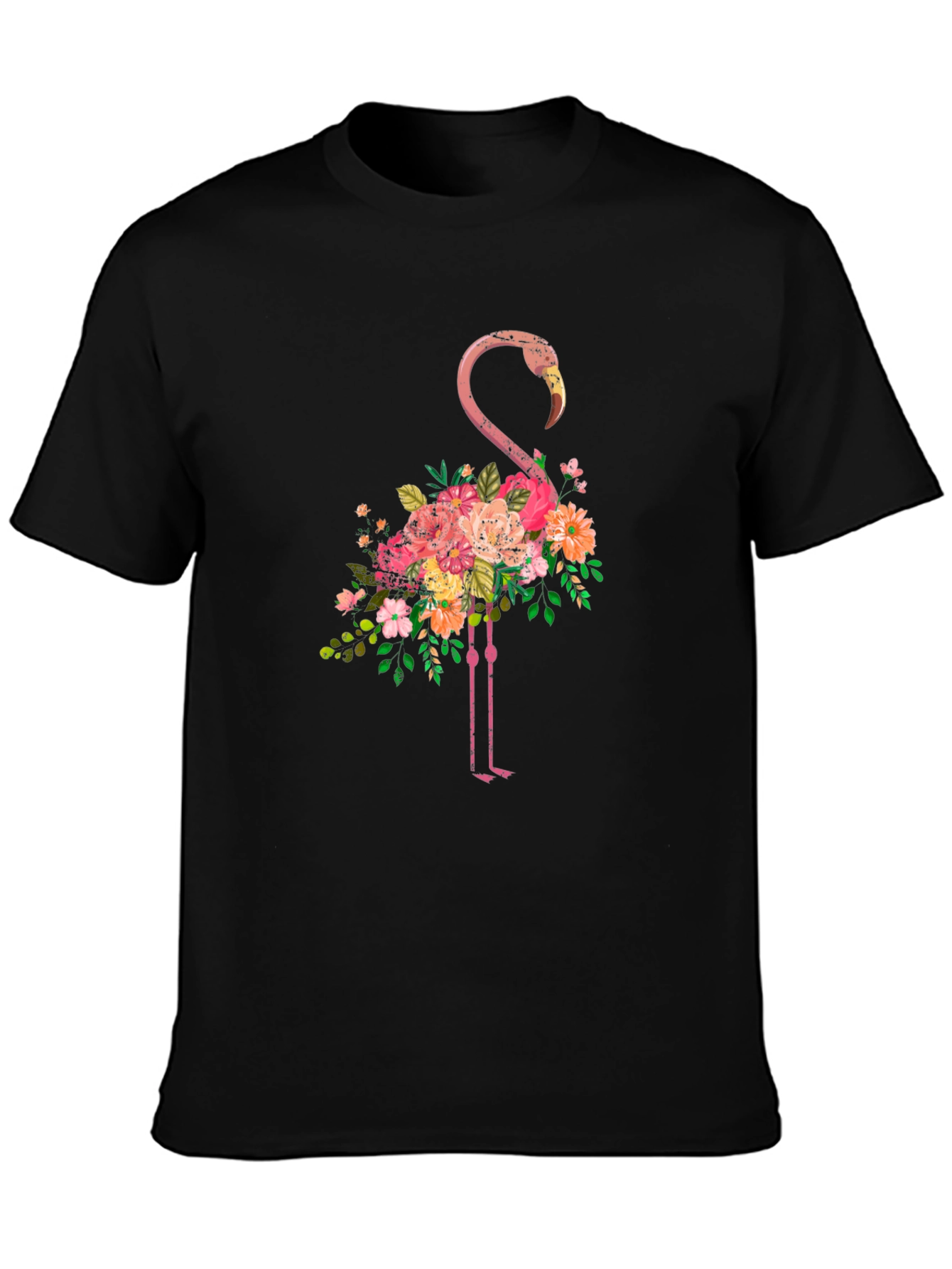 Floral Flamingo Graphic Tee - Black Cotton T-Shirt