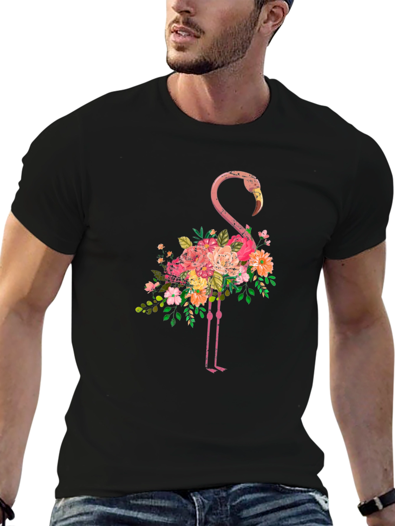 Floral Flamingo Graphic Tee - Black Cotton T-Shirt