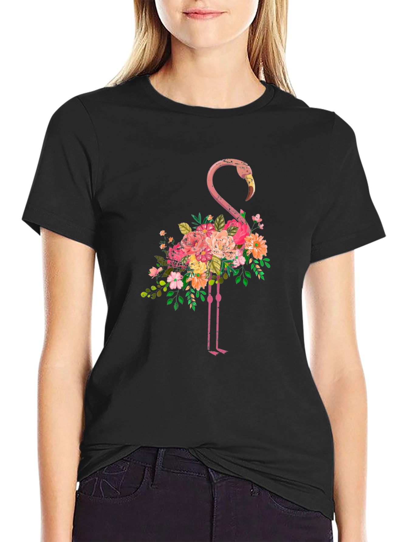 Floral Flamingo Graphic Tee - Black Cotton T-Shirt