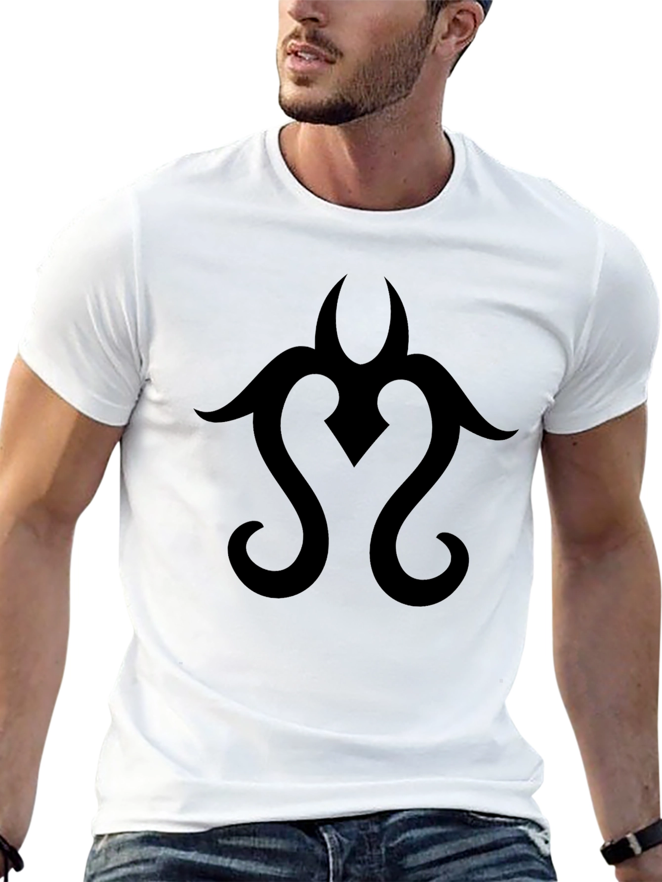 Black Tribal Design Graphic Tee Casual Cotton T-Shirt