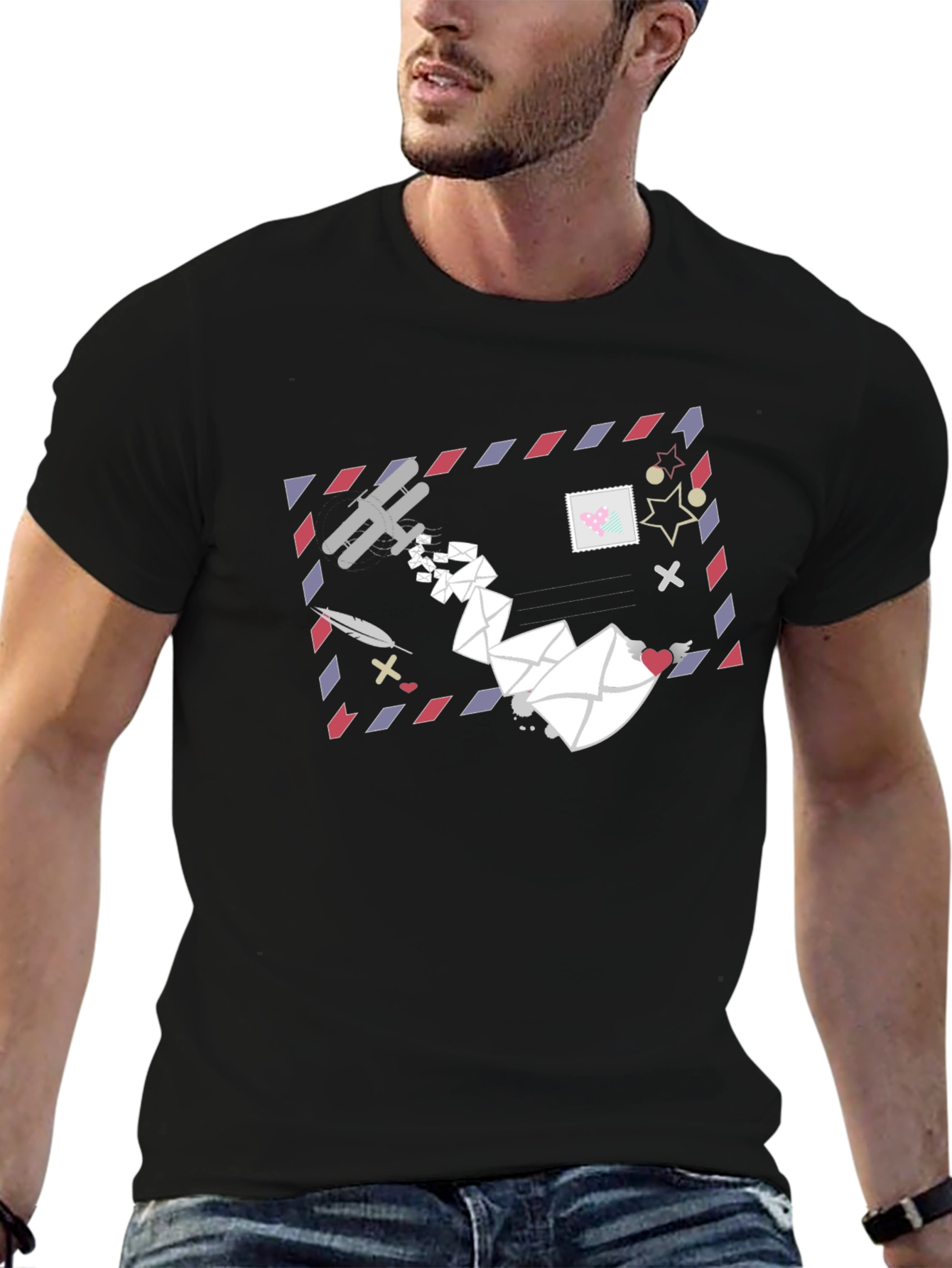 Mail Art Graphic Tee - Black Cotton T-Shirt