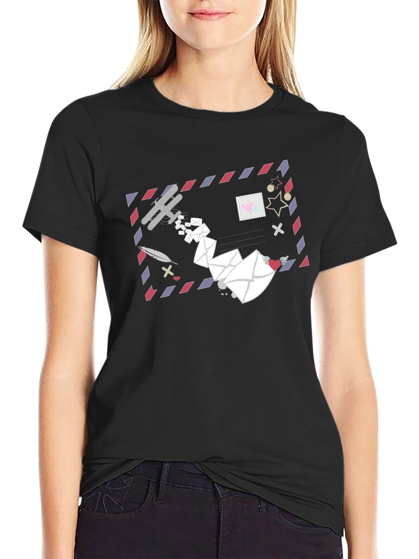Mail Art Graphic Tee - Black Cotton T-Shirt