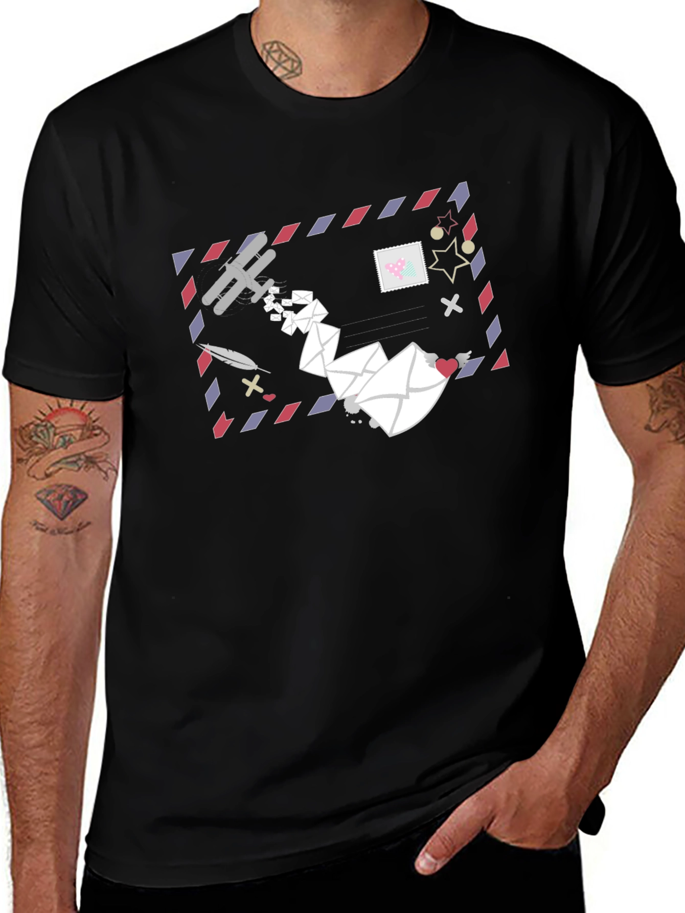 Mail Art Graphic Tee - Black Cotton T-Shirt