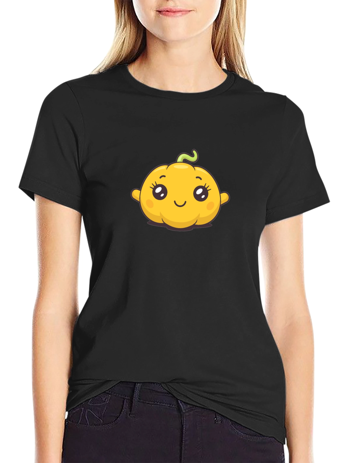 Cute Pumpkin Graphic Tee - Black Cotton T-Shirt