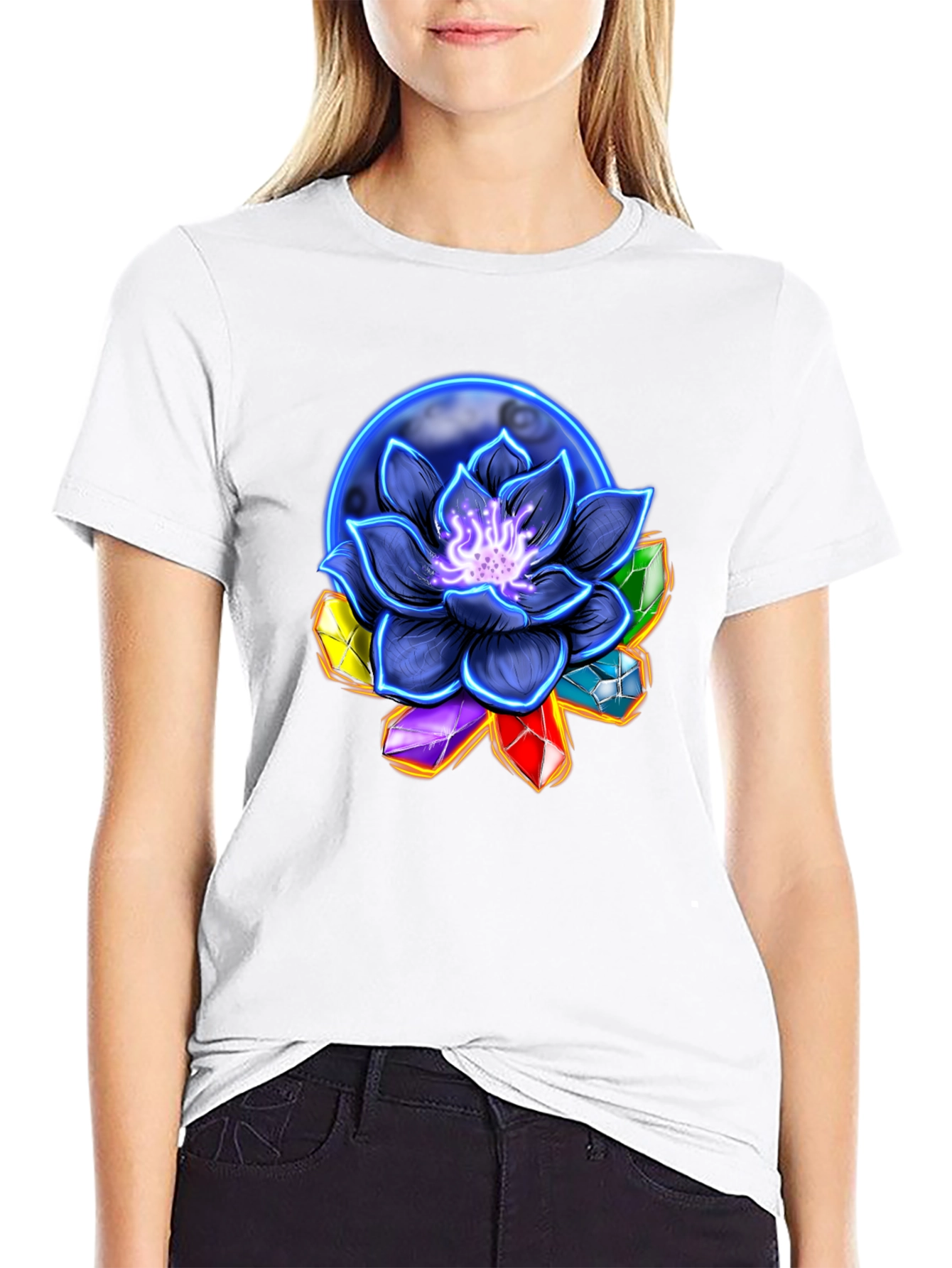 Lotus Flower & Crystal Black T-Shirt