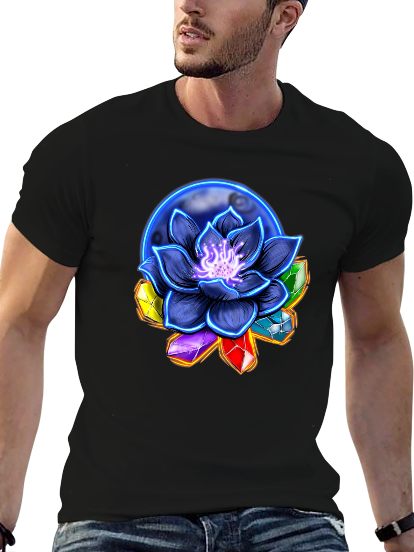 Lotus Flower & Crystal Black T-Shirt
