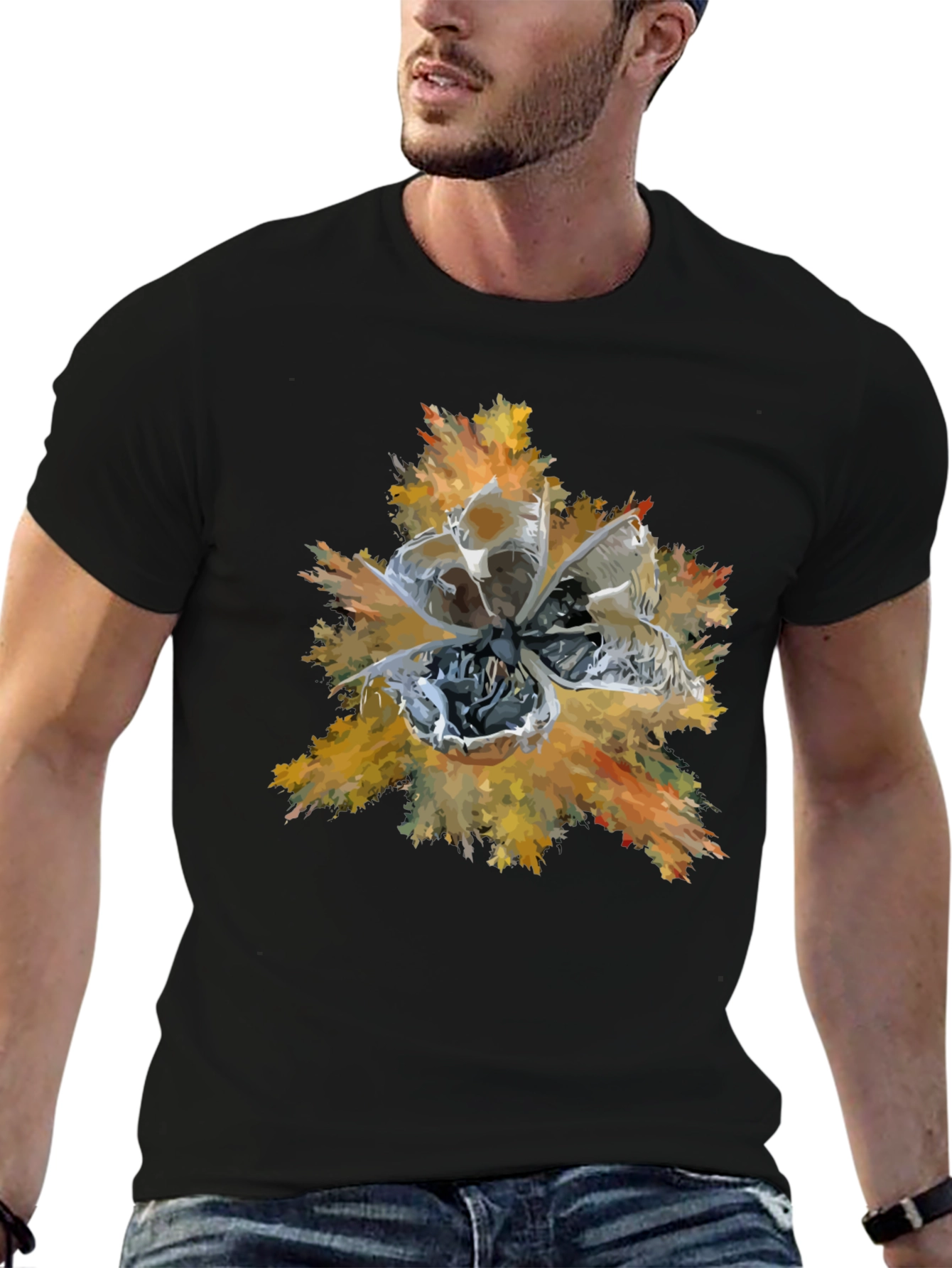Abstract Floral Graphic Print Tee - Black