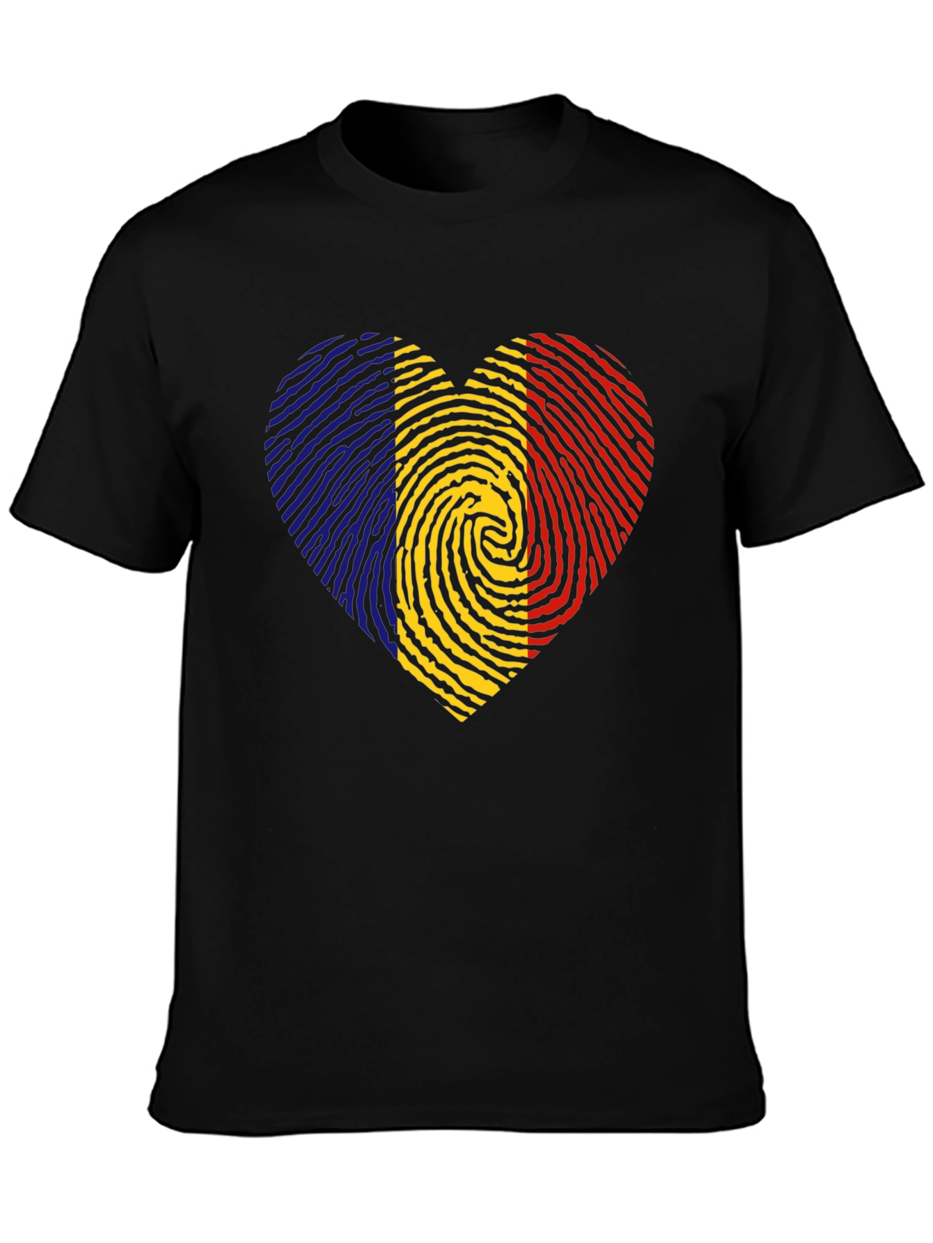 Romania Flag Fingerprint Heart Black T-Shirt