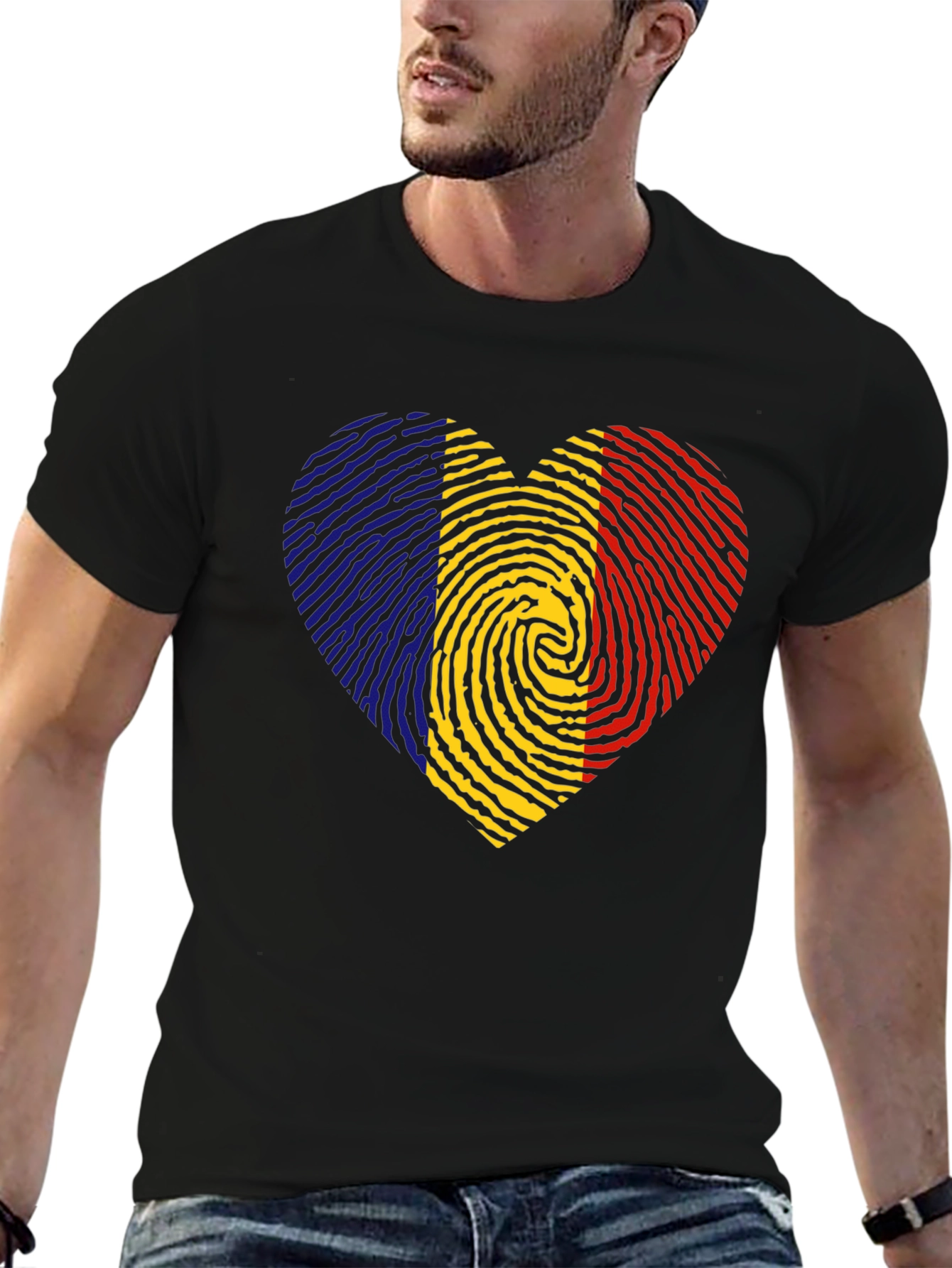 Romania Flag Fingerprint Heart Black T-Shirt