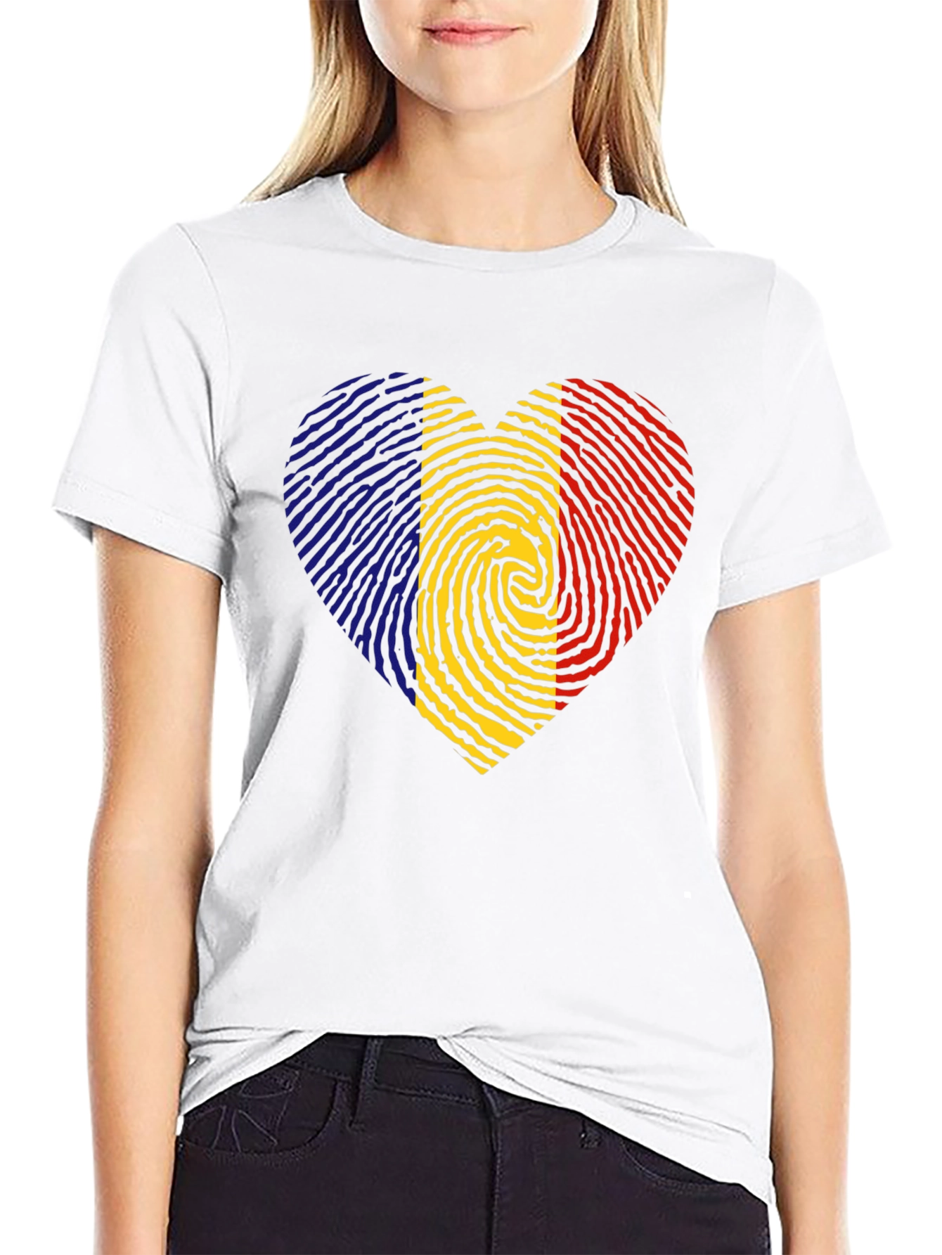 Romania Flag Fingerprint Heart Black T-Shirt