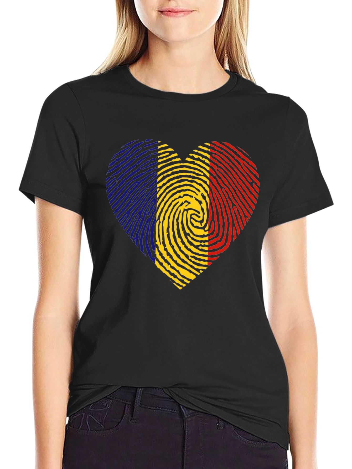 Romania Flag Fingerprint Heart Black T-Shirt