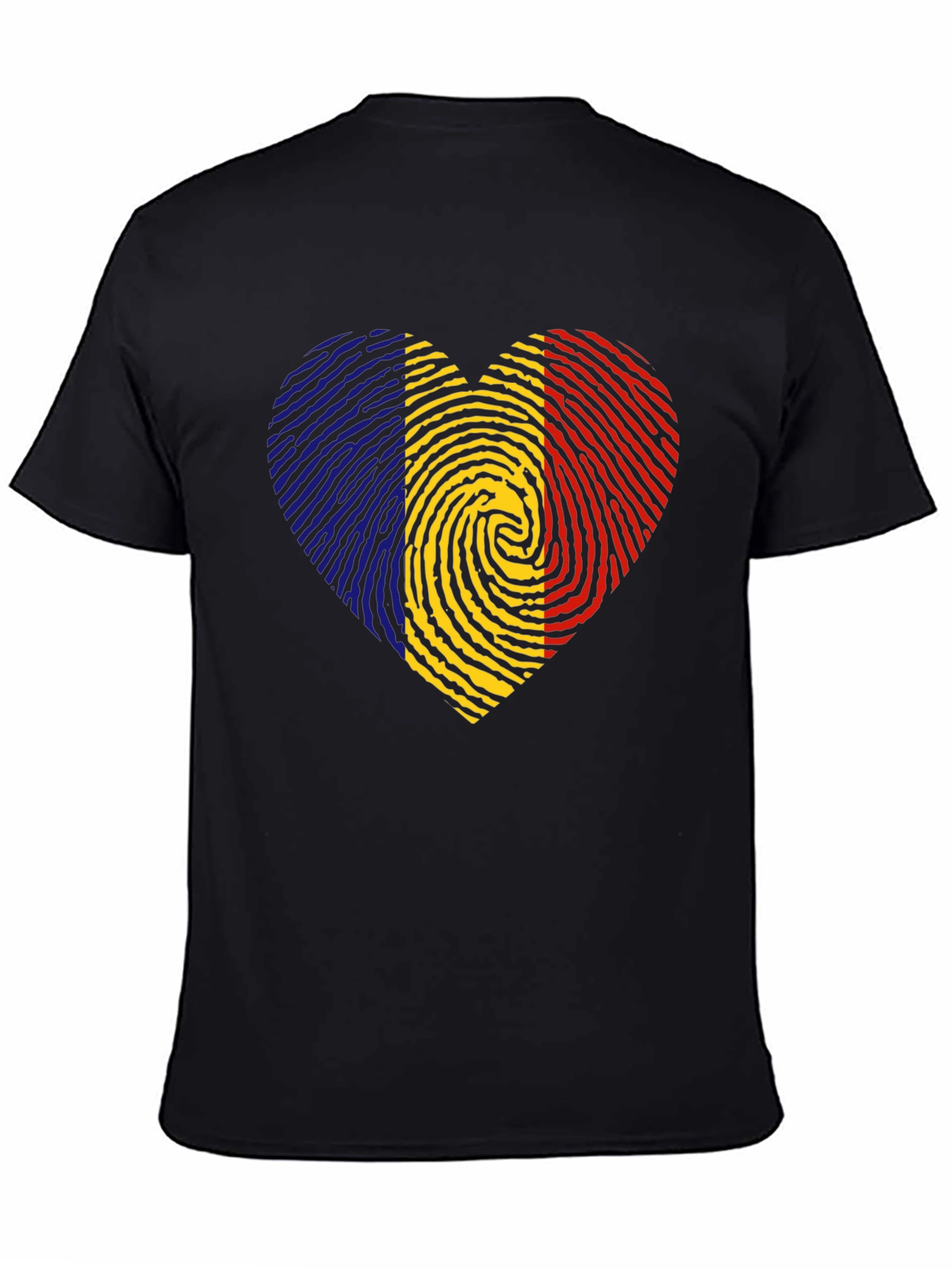 Romania Flag Fingerprint Heart Black T-Shirt