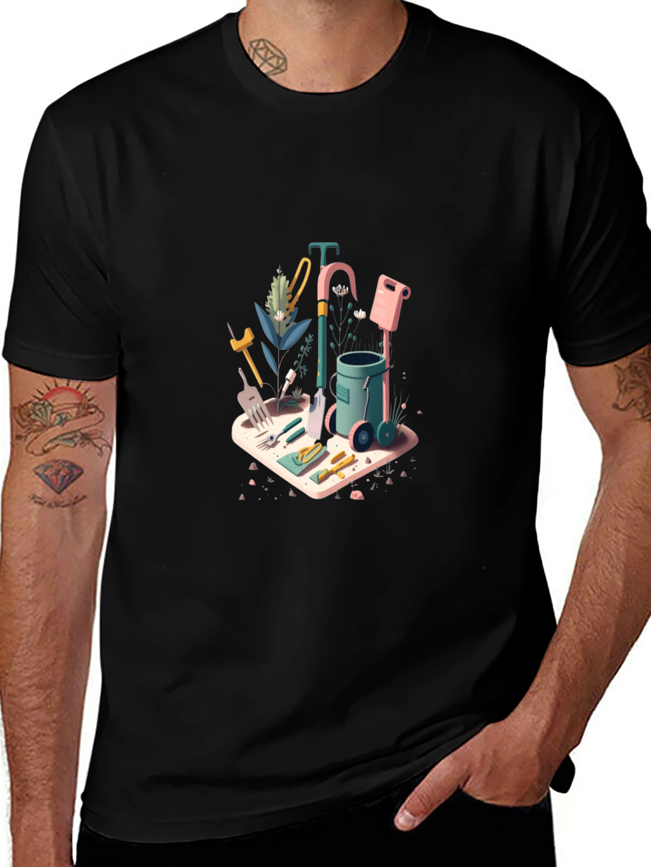 Gardening Tools Graphic Tee - Black Cotton Blend