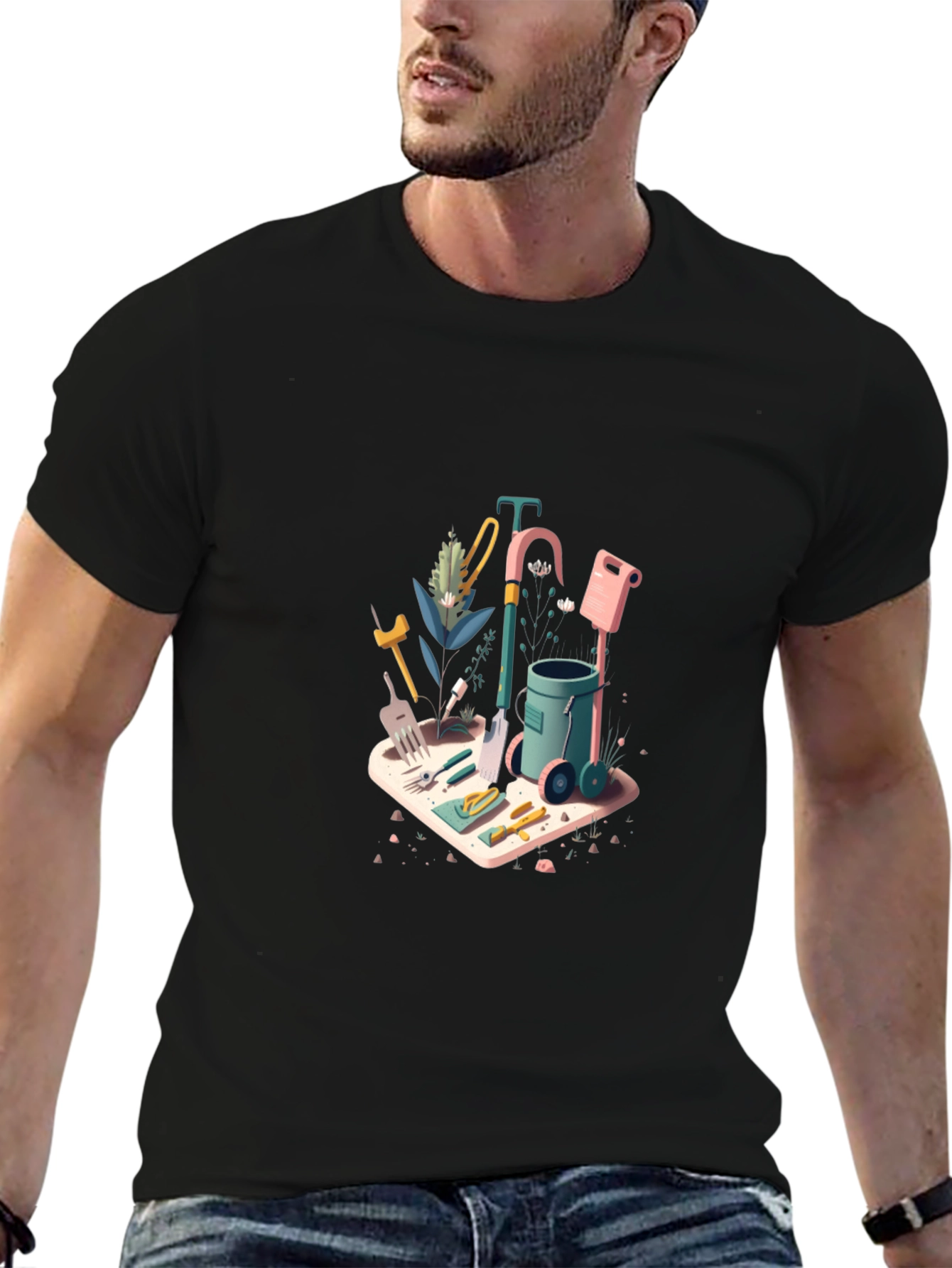 Gardening Tools Graphic Tee - Black Cotton Blend