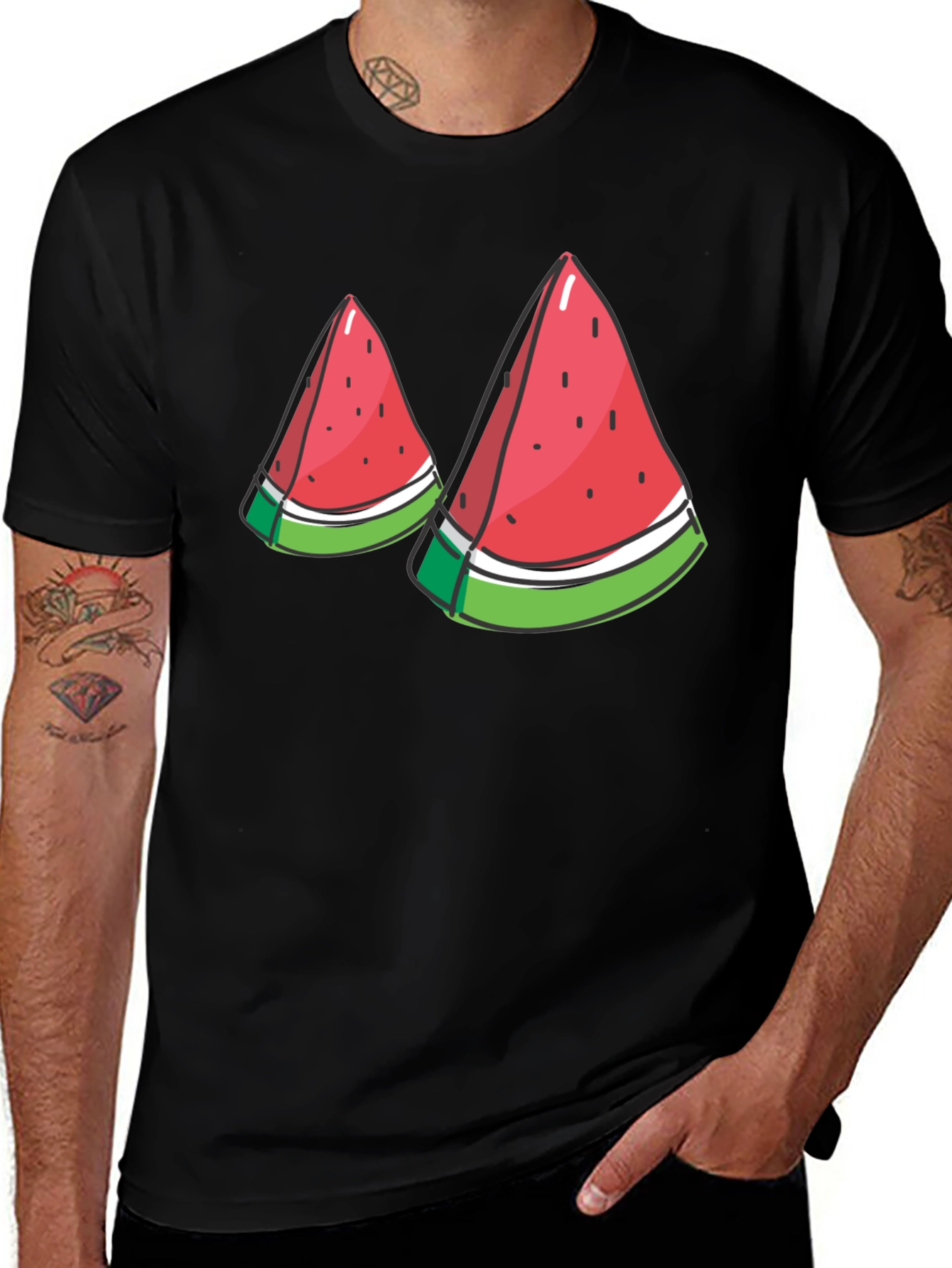 Watermelon Slice Graphic Tee - Black Cotton T-Shirt