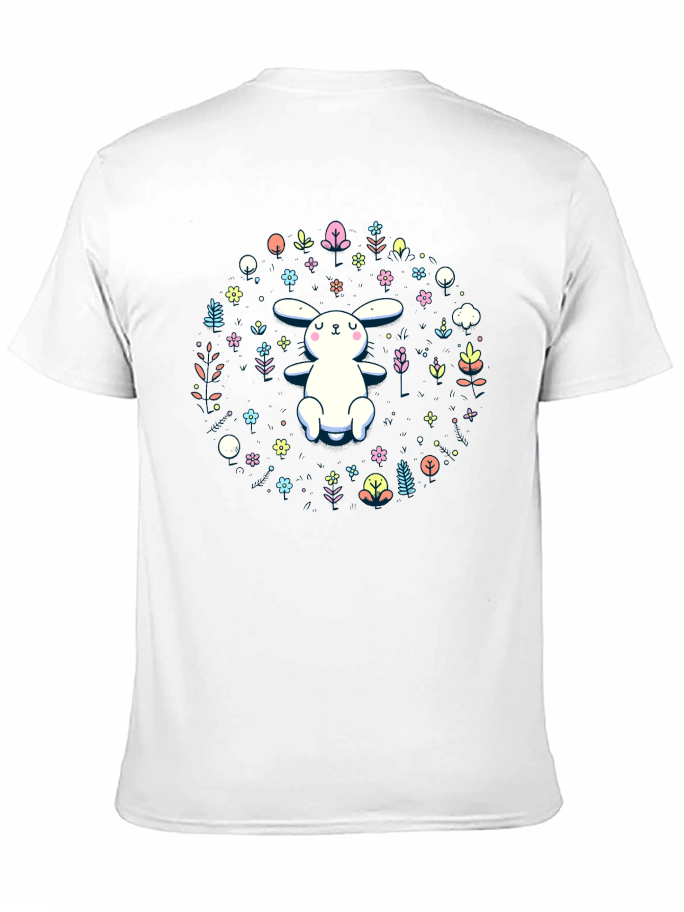 Cute Bunny & Floral Print Black T-Shirt