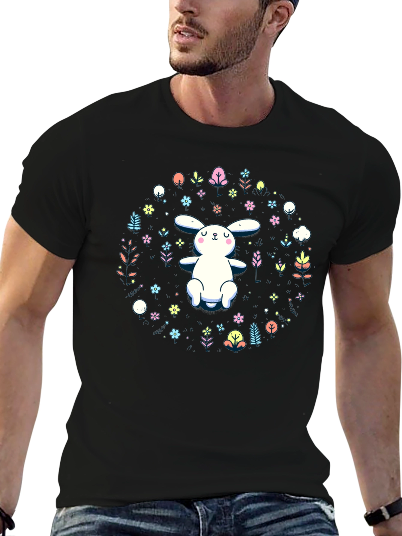 Cute Bunny & Floral Print Black T-Shirt