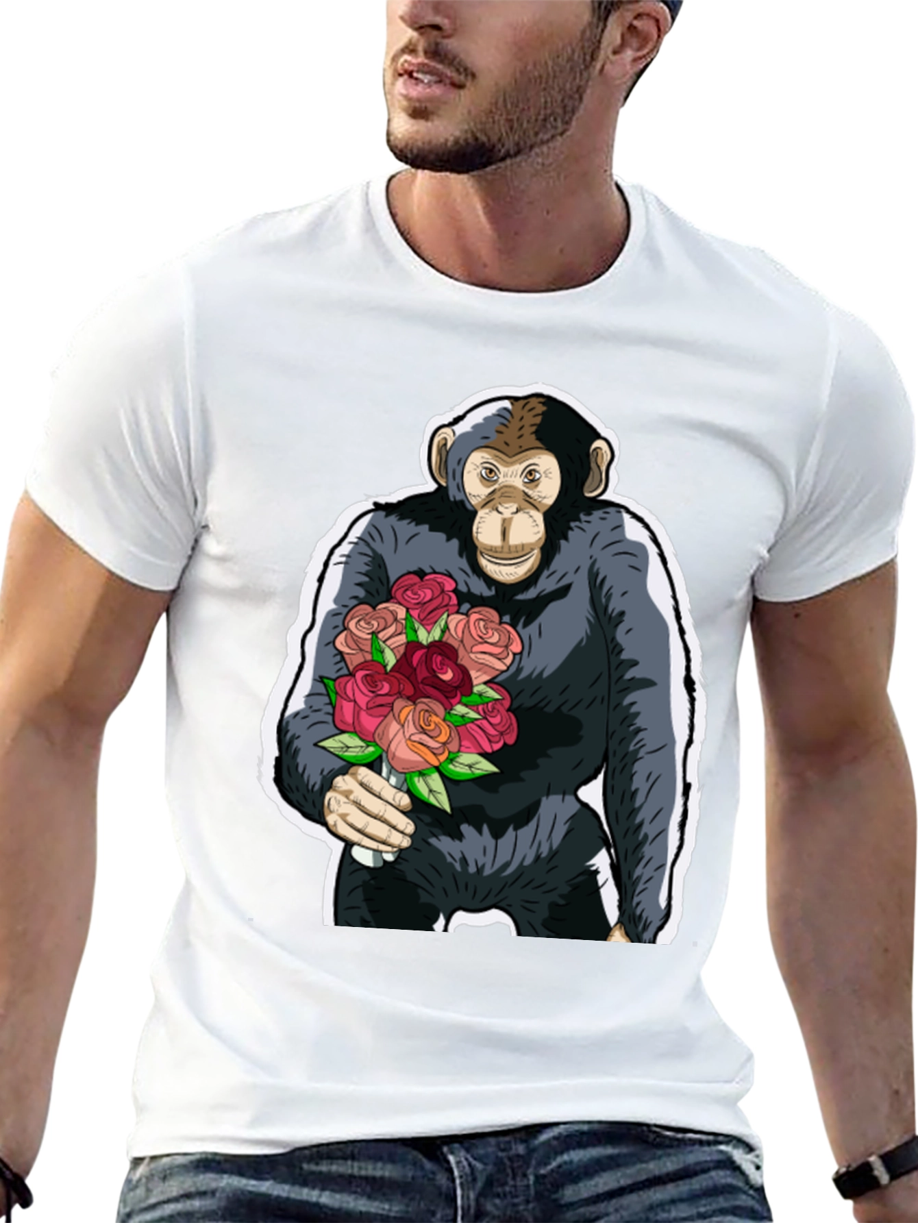 Chimpanzee with Roses Graphic Tee - Unique Design