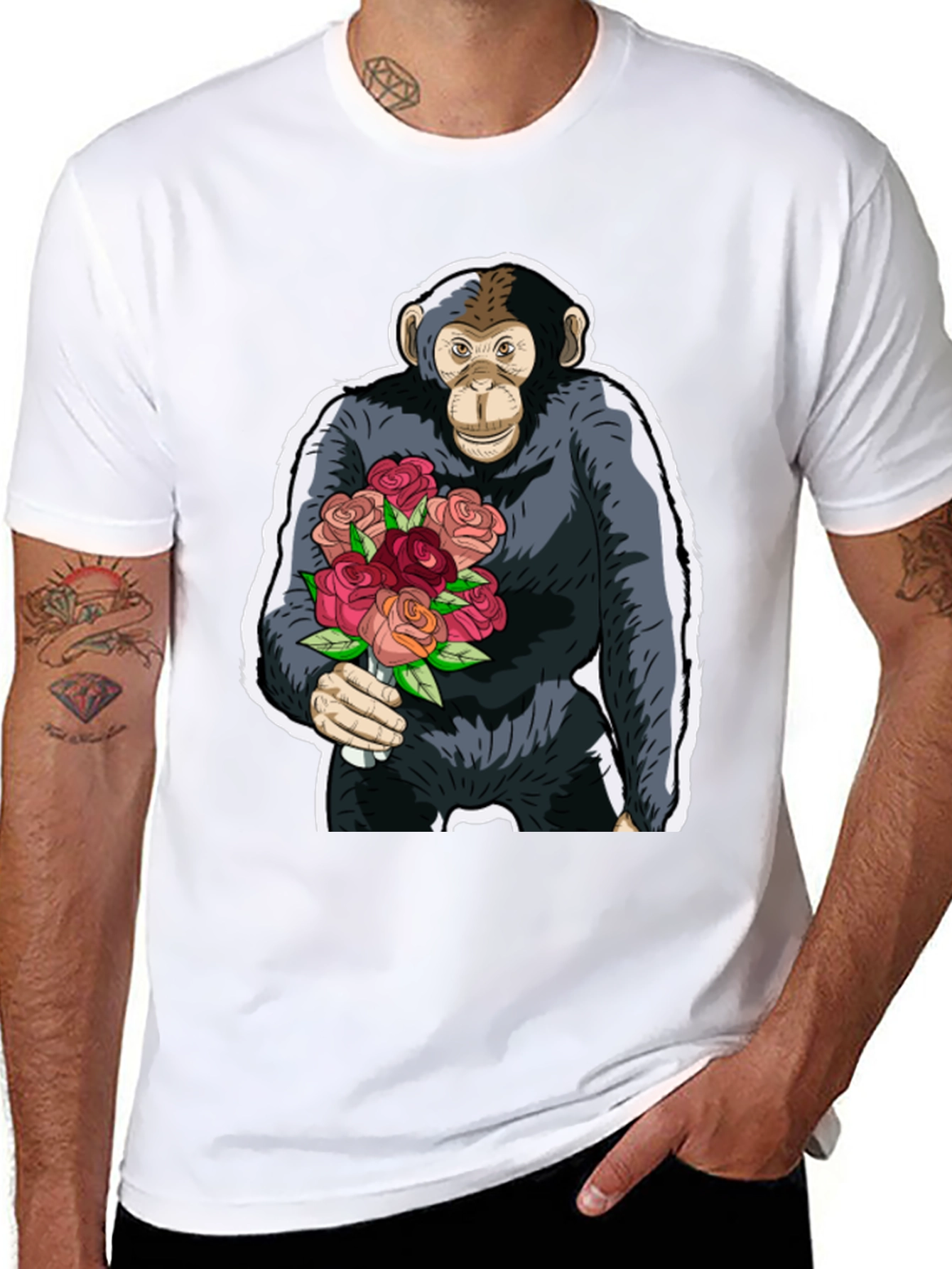 Chimpanzee with Roses Graphic Tee - Unique Design