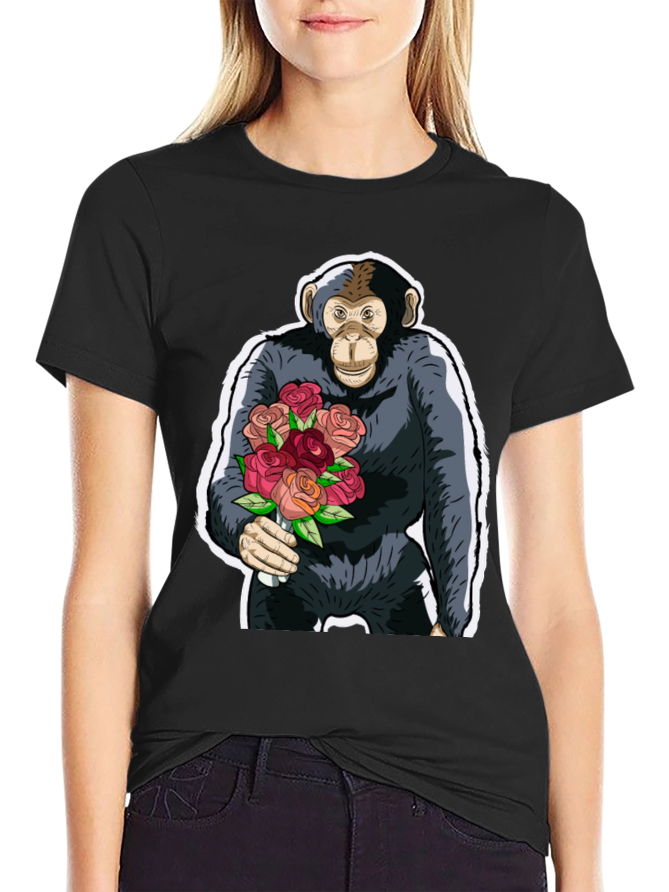 Chimpanzee with Roses Graphic Tee - Unique Design