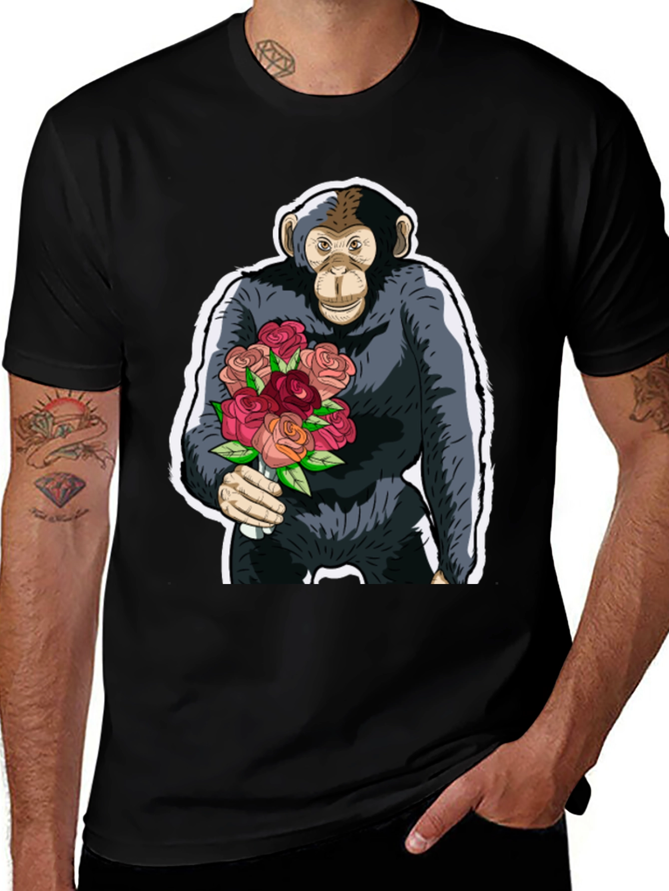 Chimpanzee with Roses Graphic Tee - Unique Design