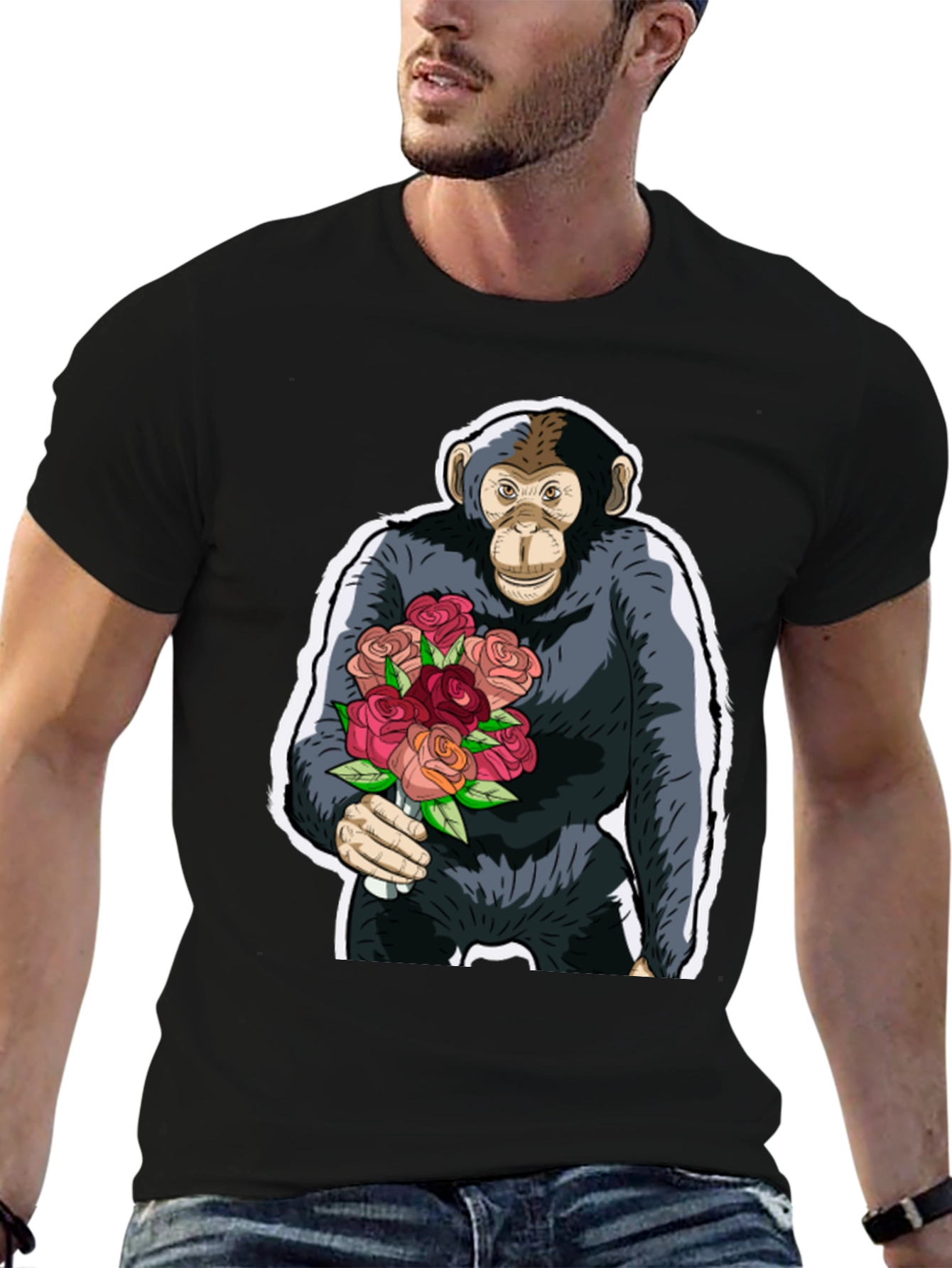 Chimpanzee with Roses Graphic Tee - Unique Design