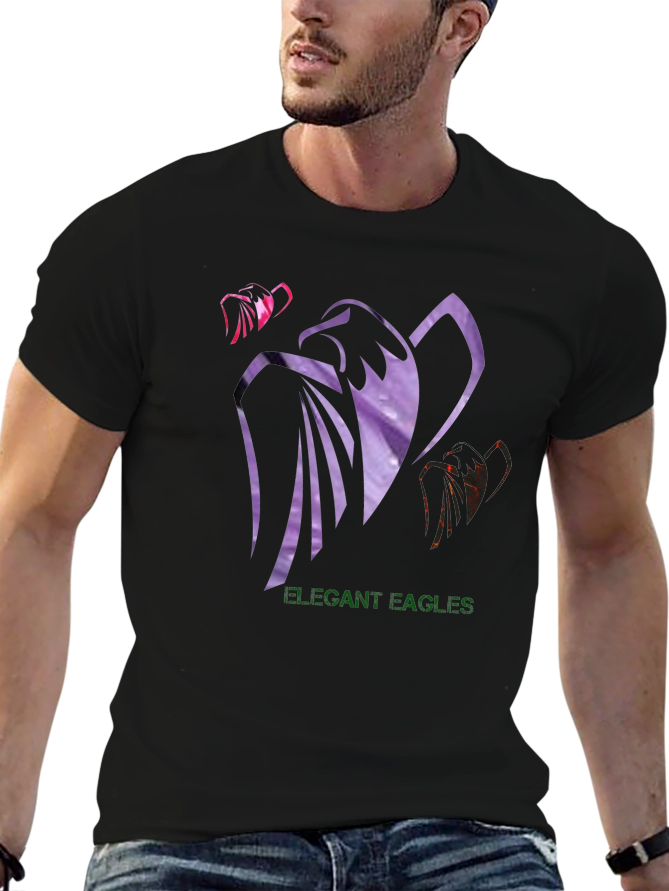 Elegant Eagles Graphic Tee - Black Cotton Blend Shirt
