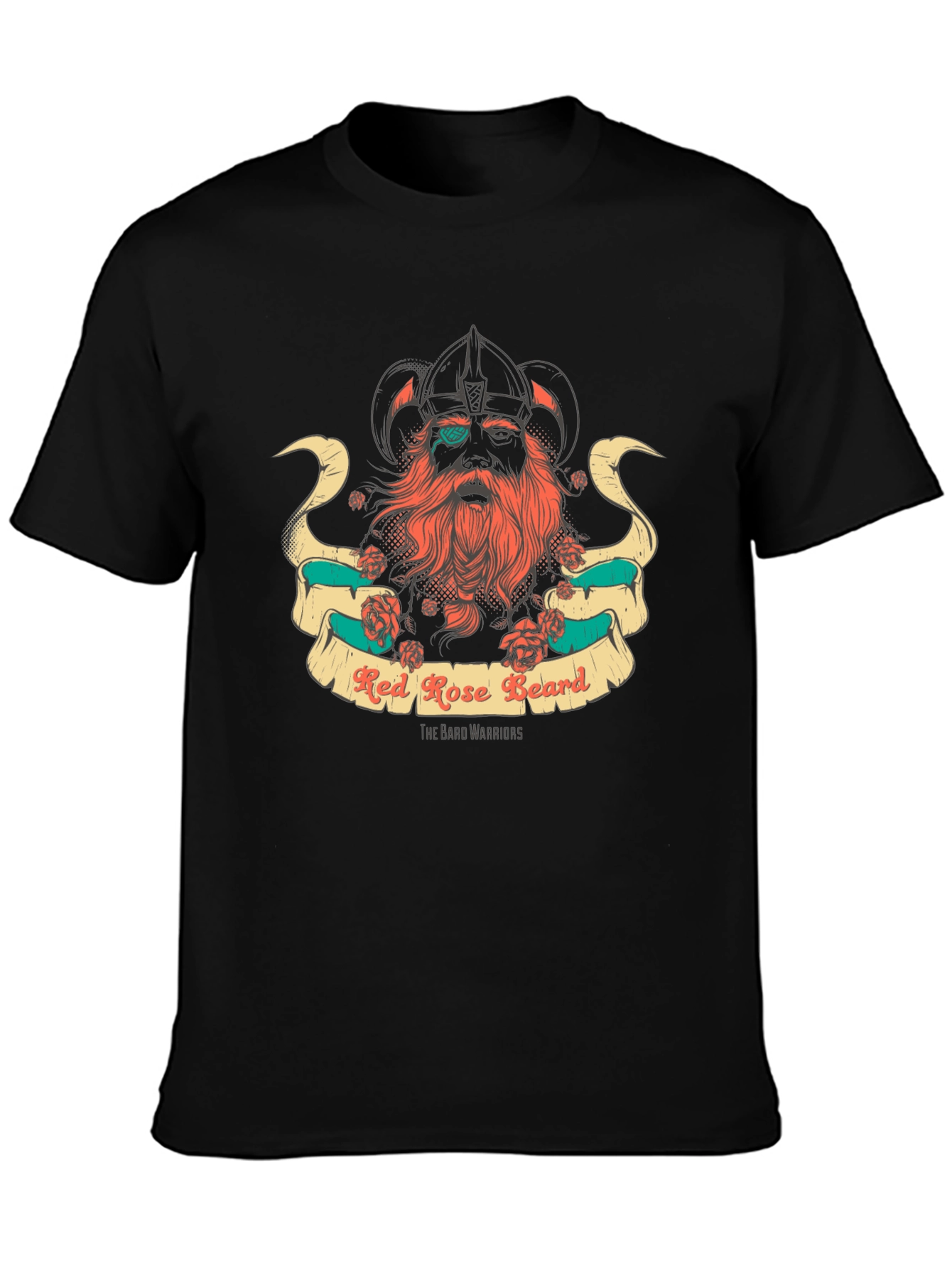 Red Rose Beard Warrior Black T-Shirt
