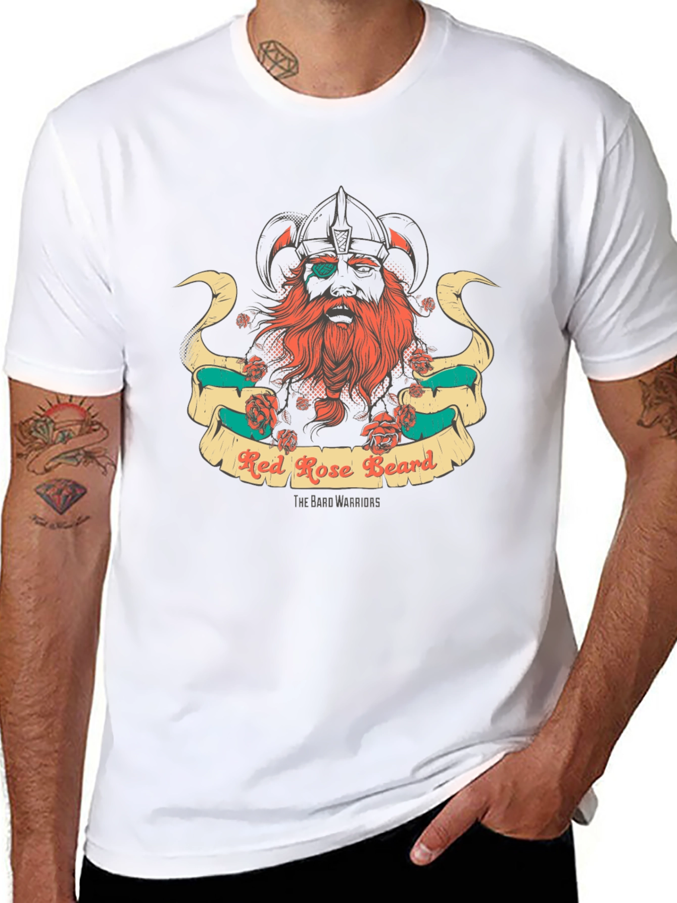 Red Rose Beard Warrior Black T-Shirt