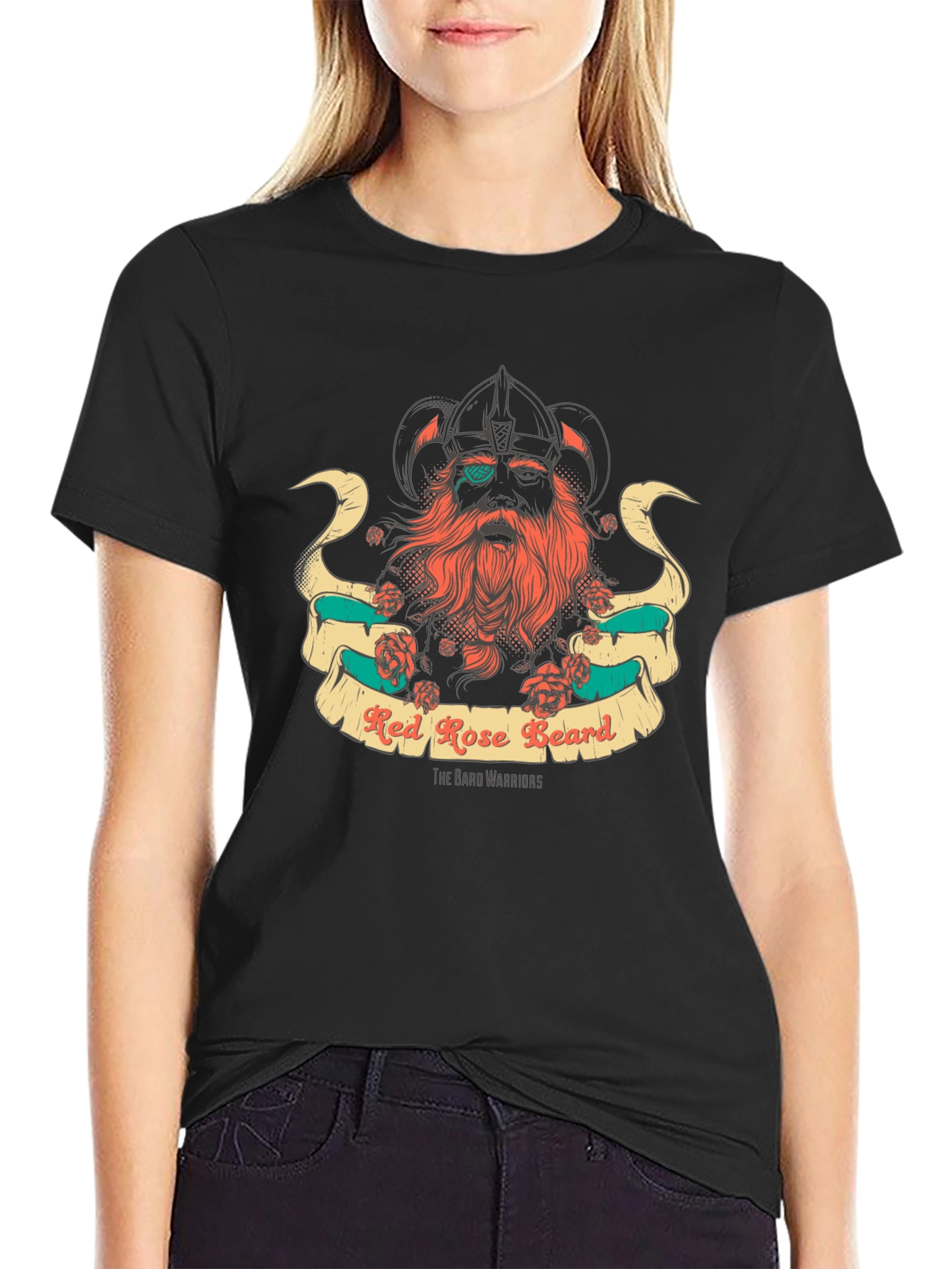Red Rose Beard Warrior Black T-Shirt