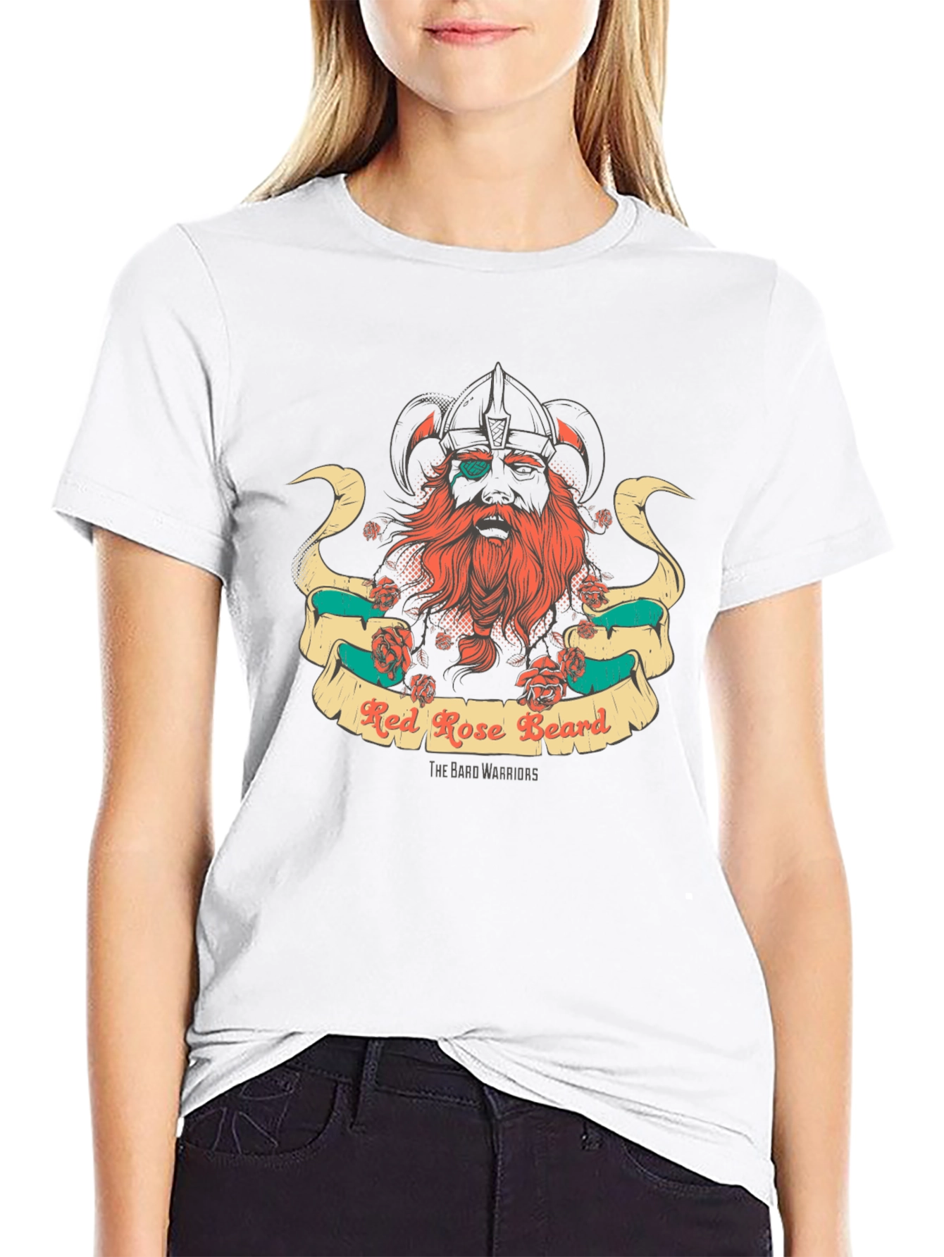Red Rose Beard Warrior Black T-Shirt