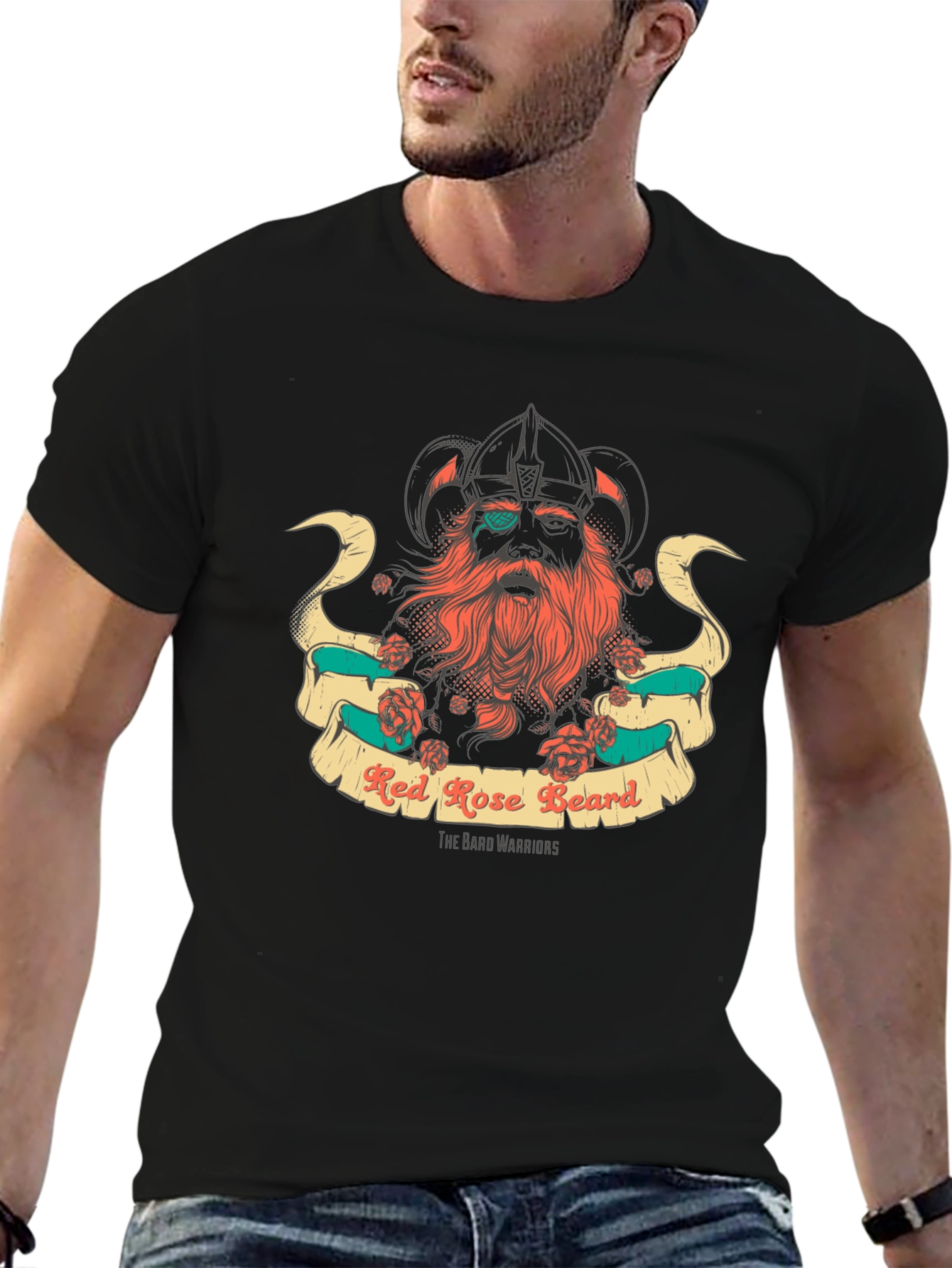 Red Rose Beard Warrior Black T-Shirt