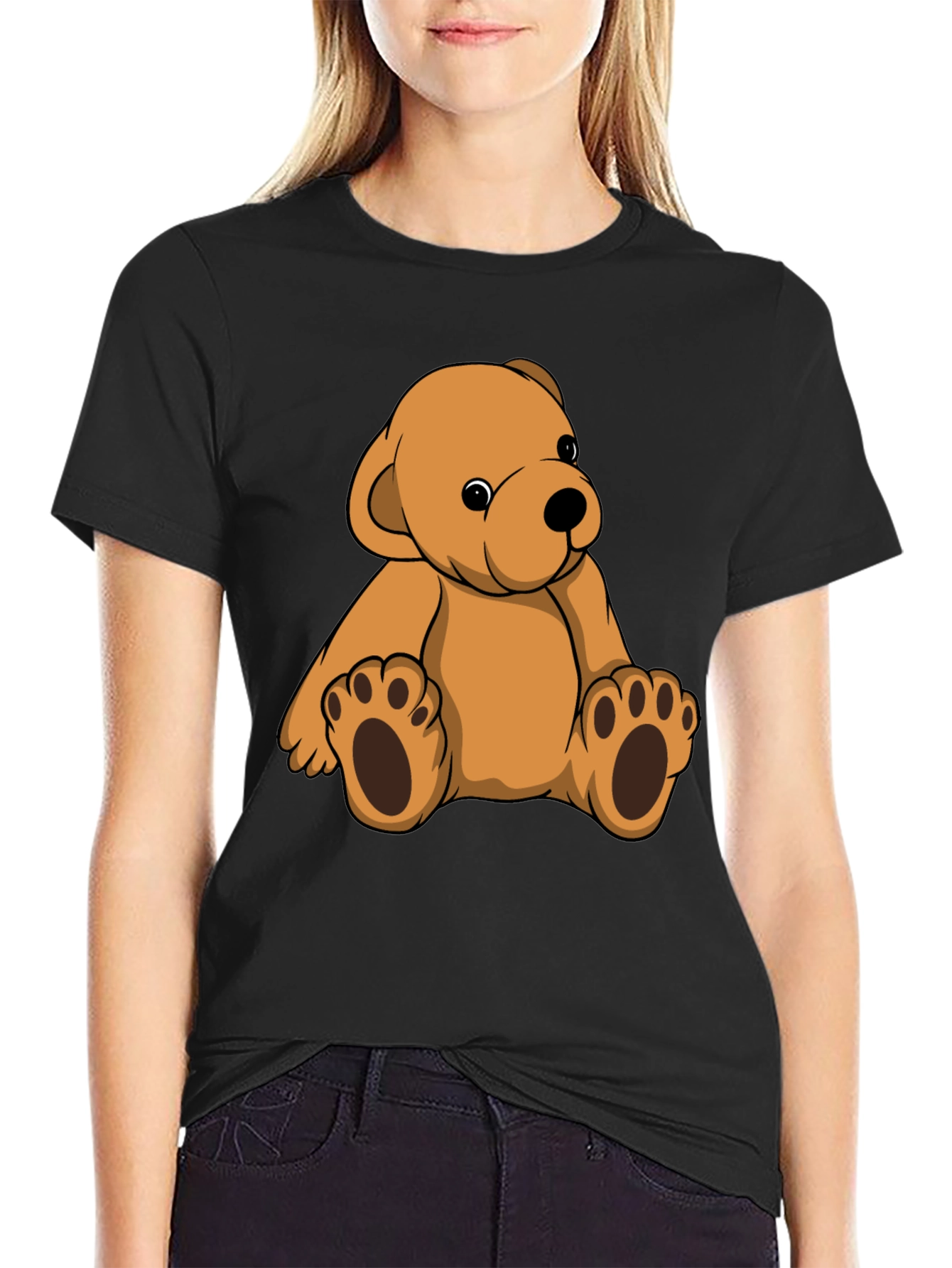 Cute Teddy Bear Graphic Print Black T-Shirt