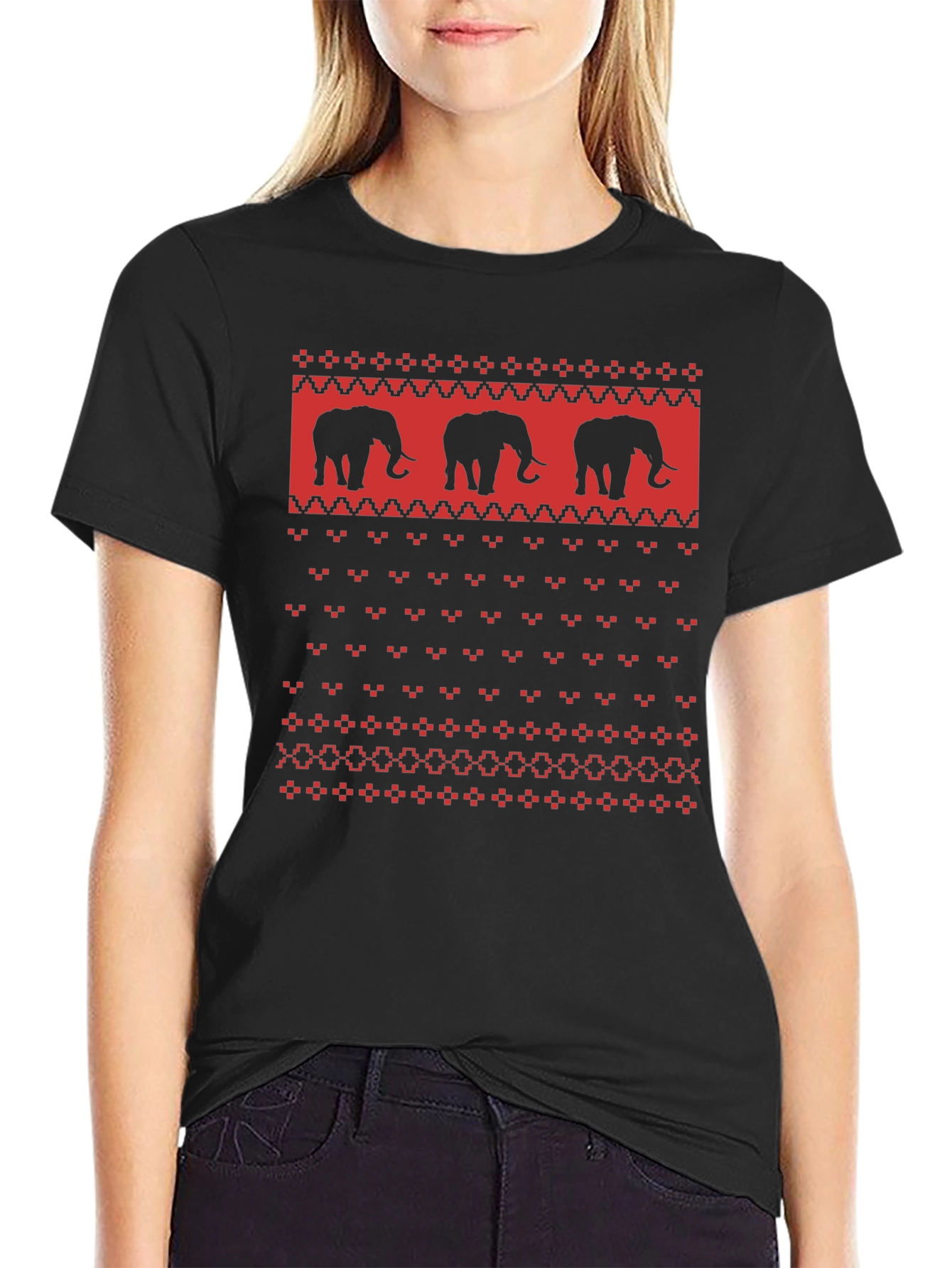 Elephant Sweater Pattern Black T-Shirt