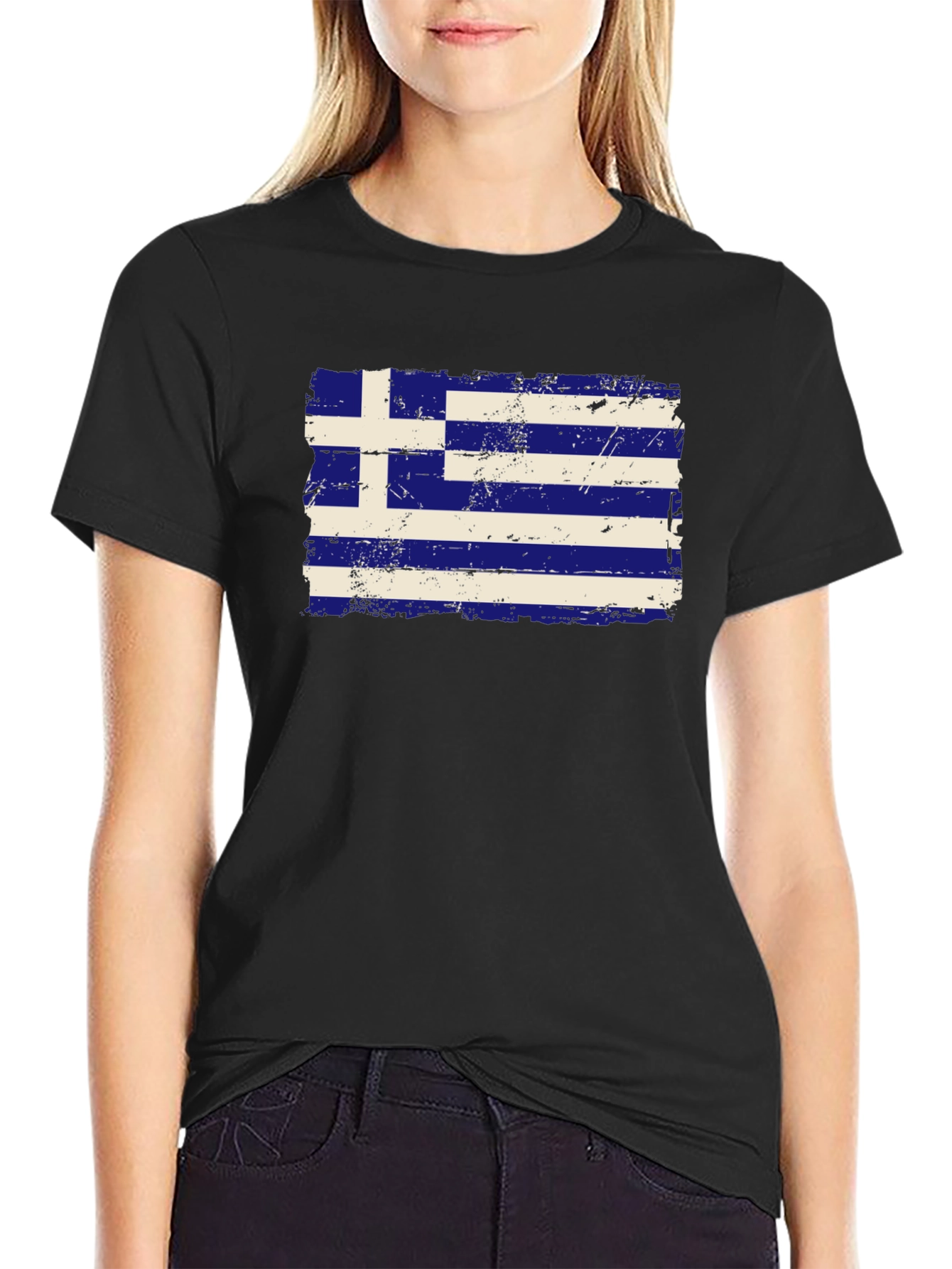 Greece Flag Distressed T-Shirt - Black Cotton Tee