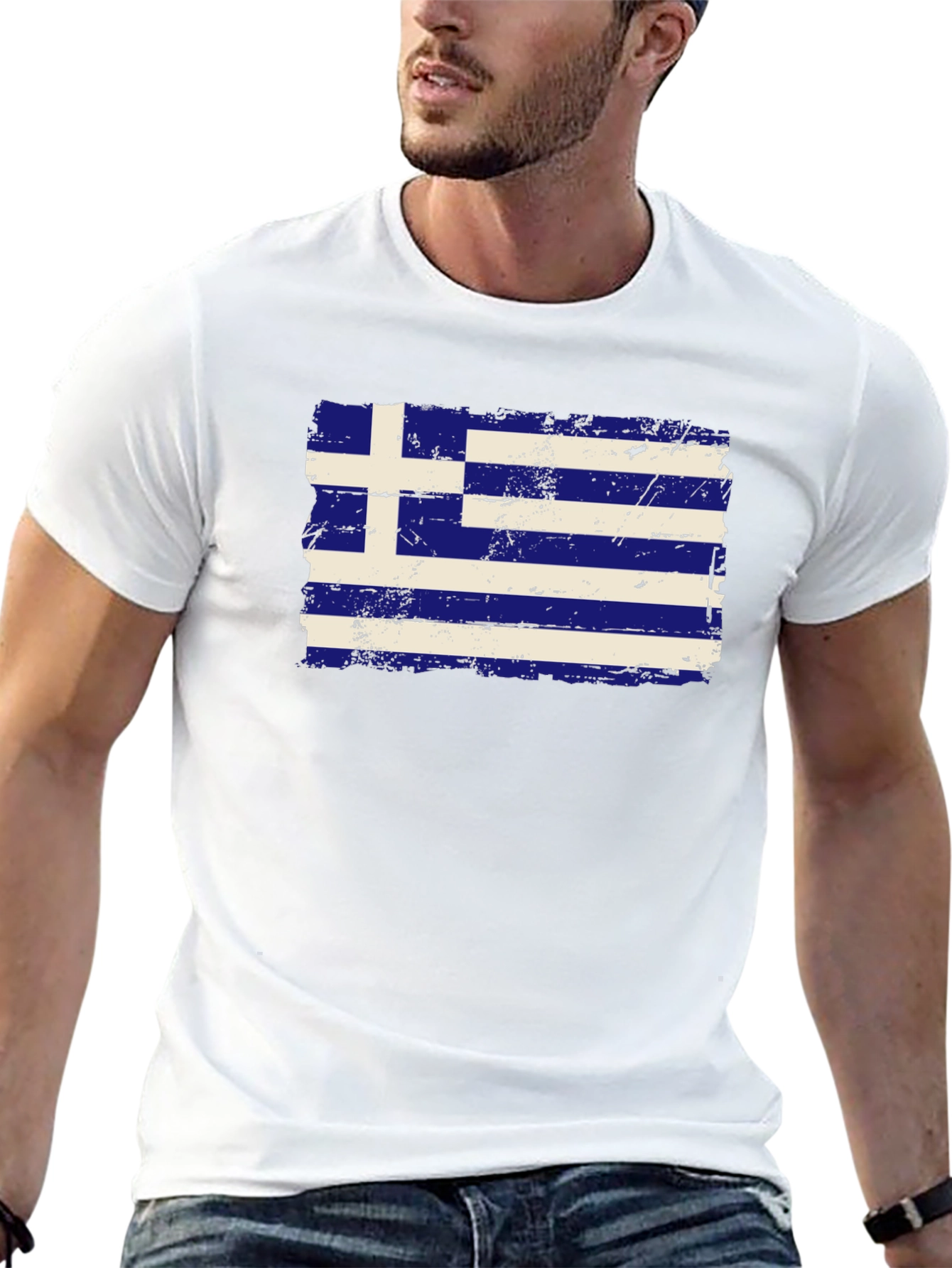 Greece Flag Distressed T-Shirt - Black Cotton Tee