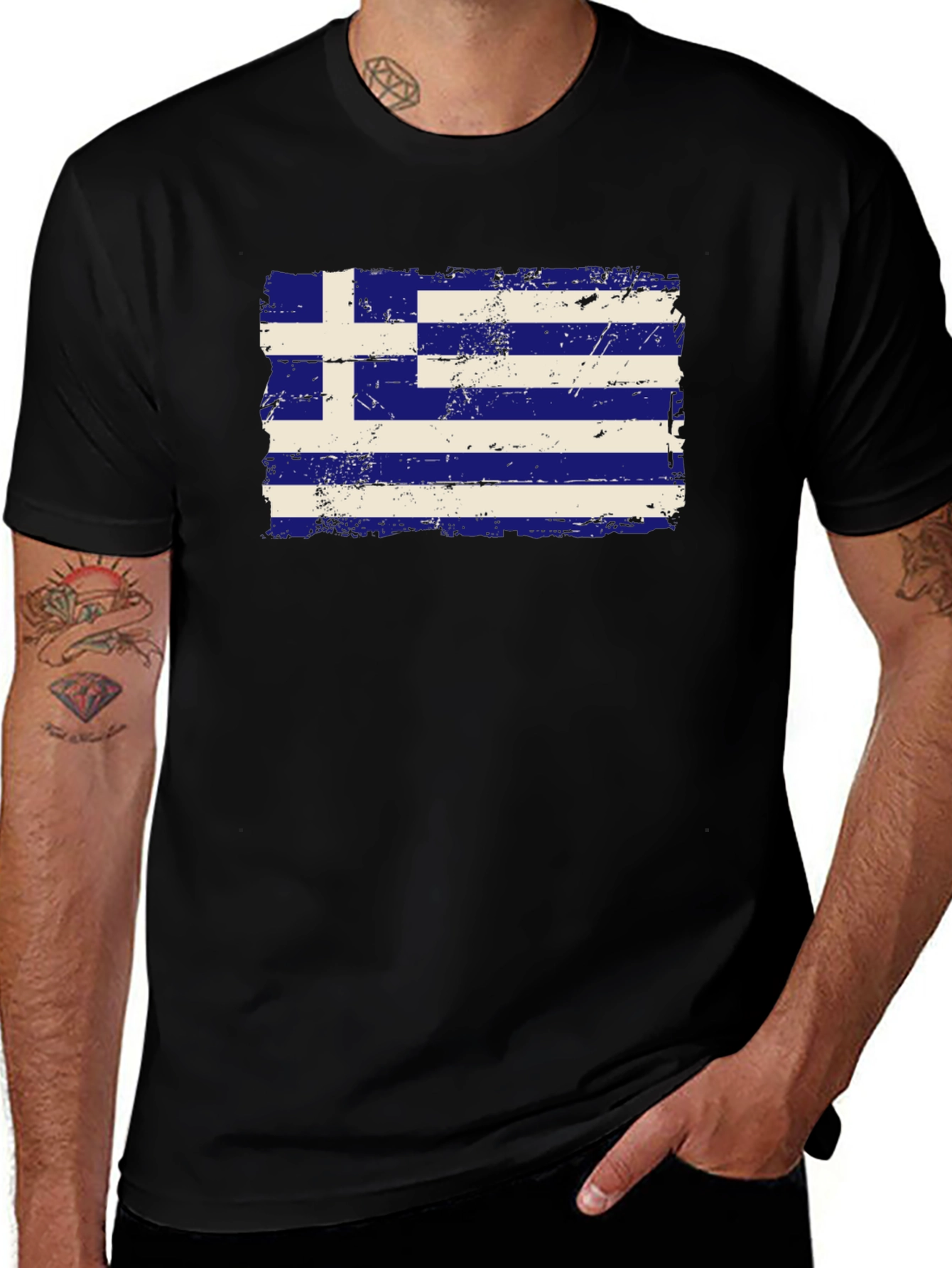 Greece Flag Distressed T-Shirt - Black Cotton Tee