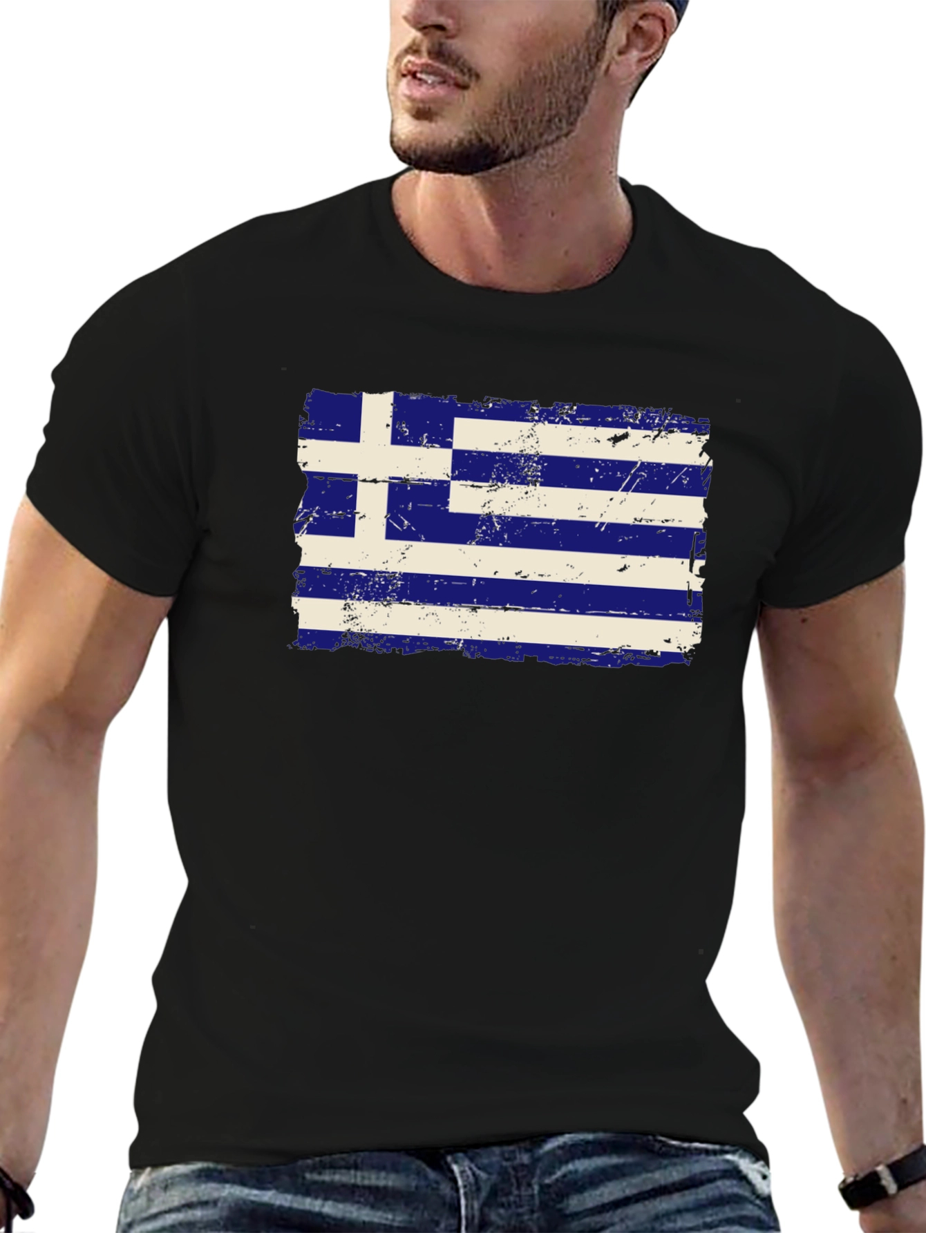 Greece Flag Distressed T-Shirt - Black Cotton Tee