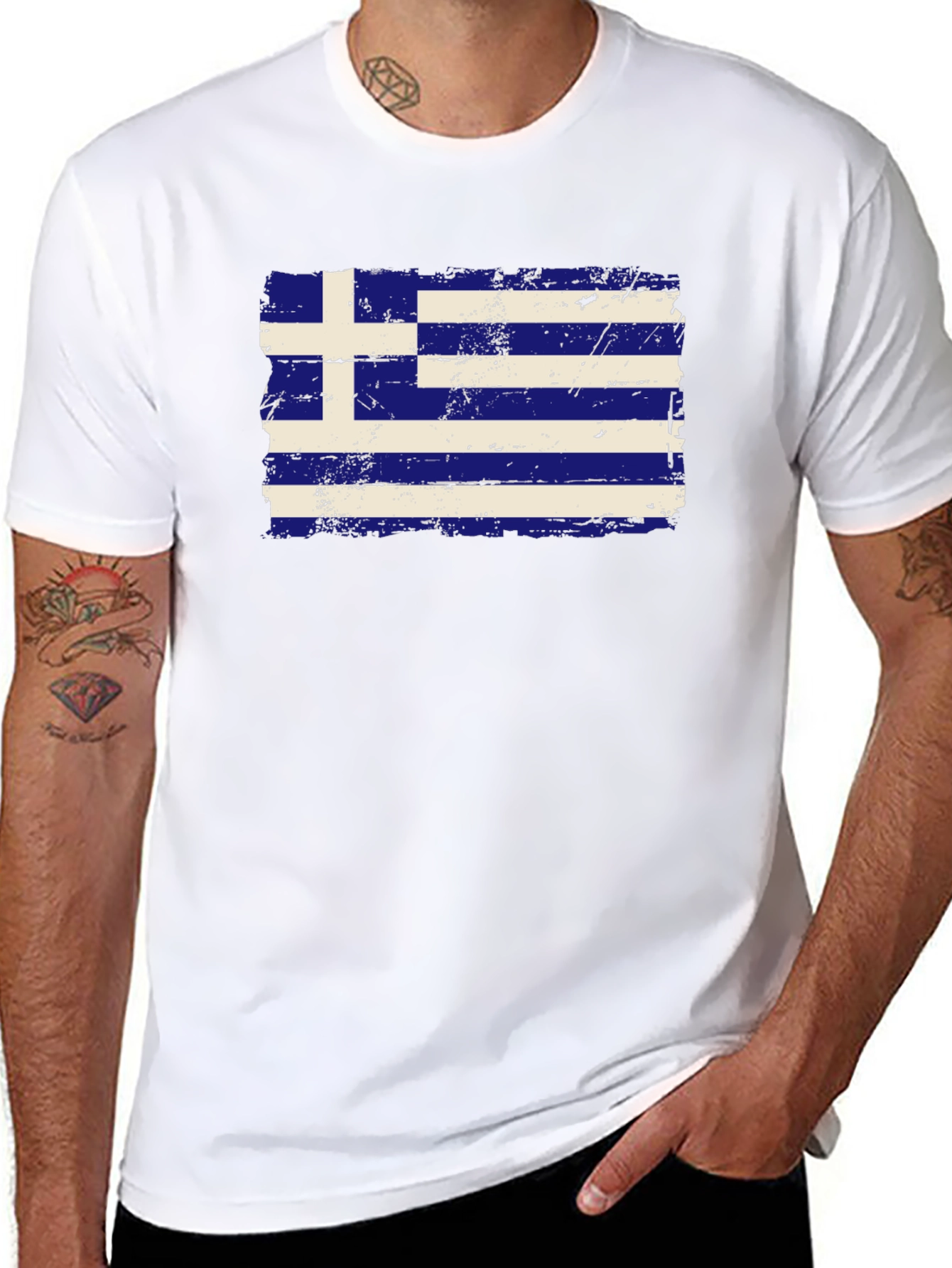 Greece Flag Distressed T-Shirt - Black Cotton Tee