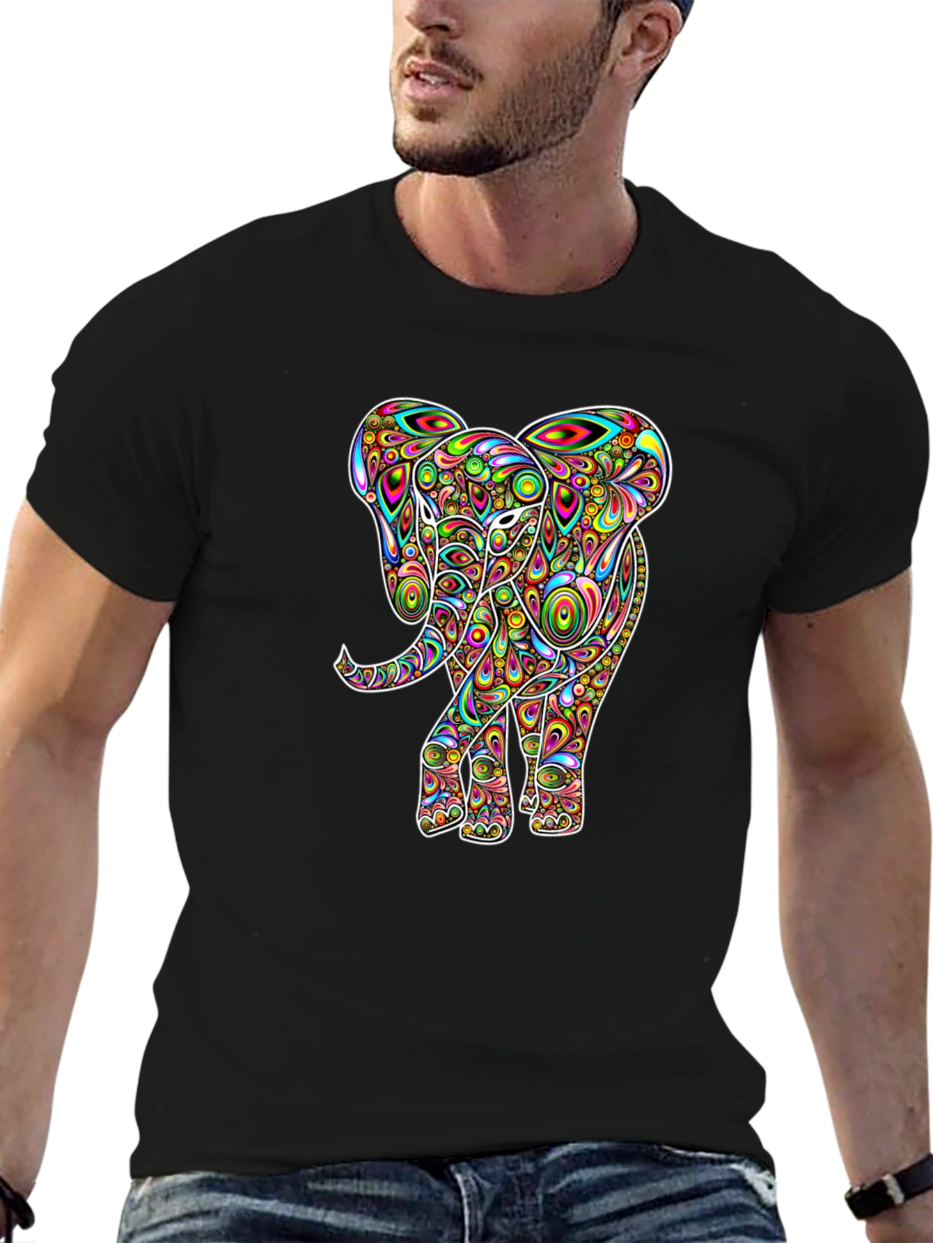 Psychedelic Elephant Graphic Tee - Black Cotton T-Shirt