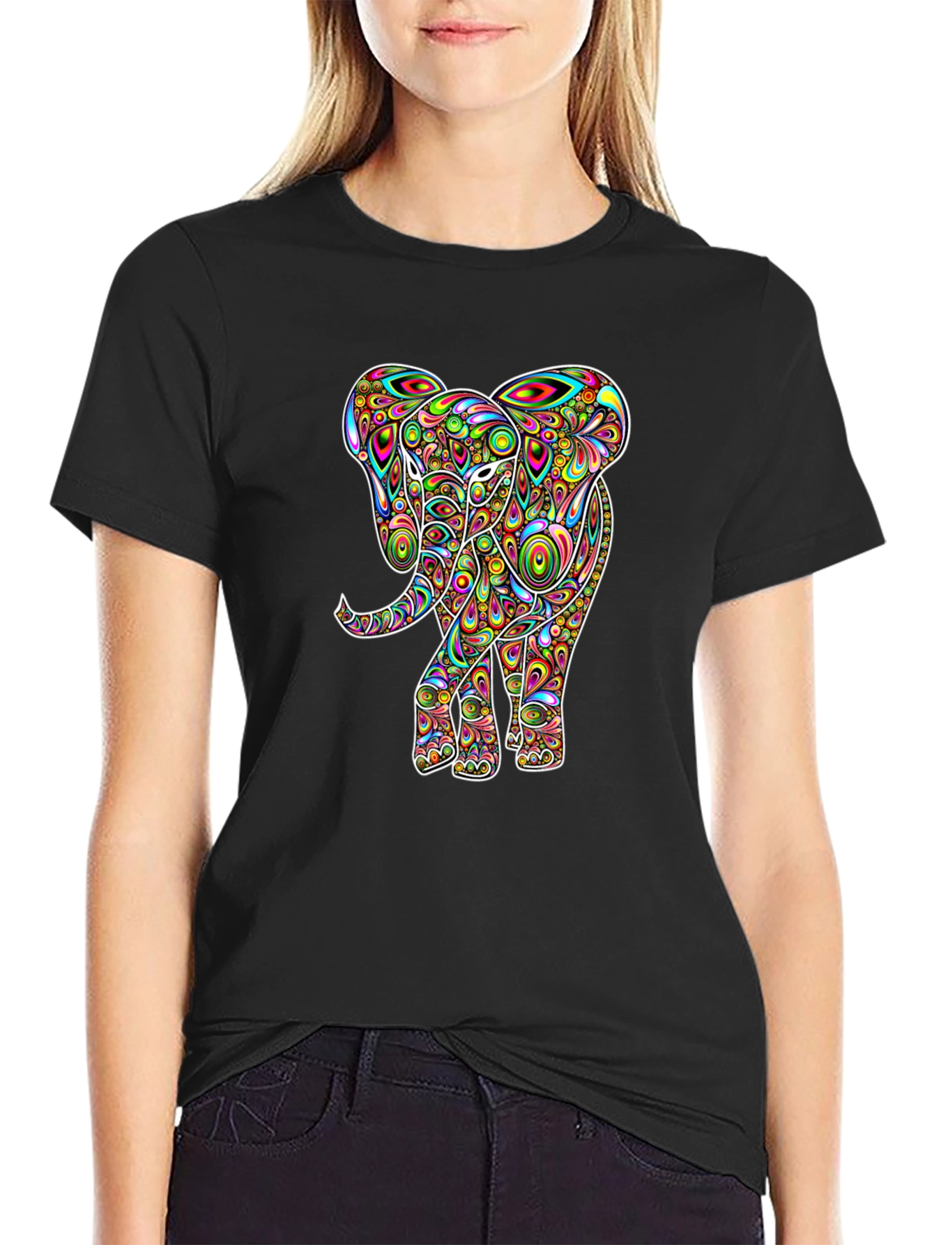 Psychedelic Elephant Graphic Tee - Black Cotton T-Shirt