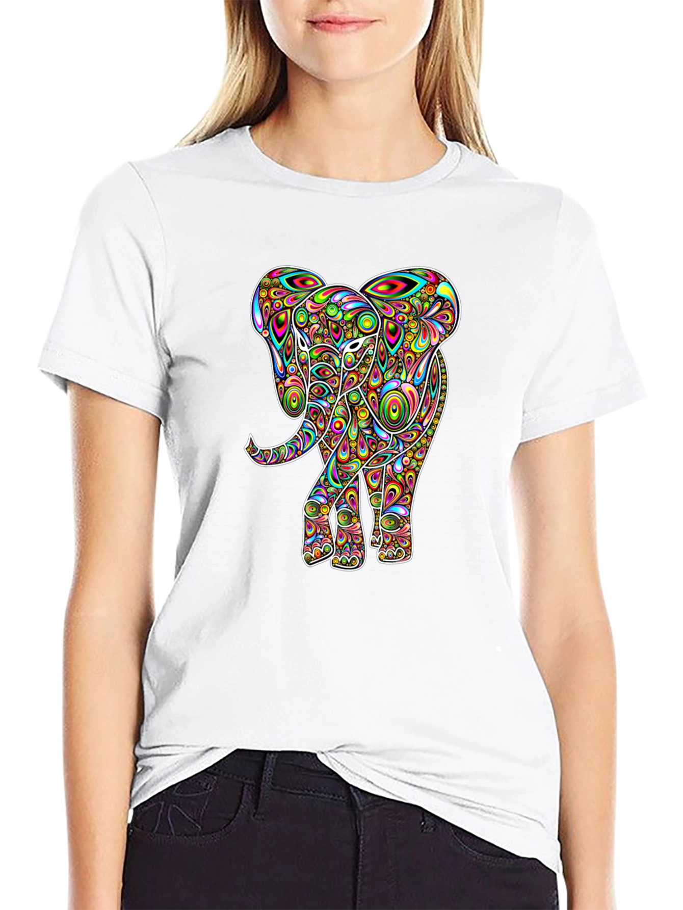 Psychedelic Elephant Graphic Tee - Black Cotton T-Shirt