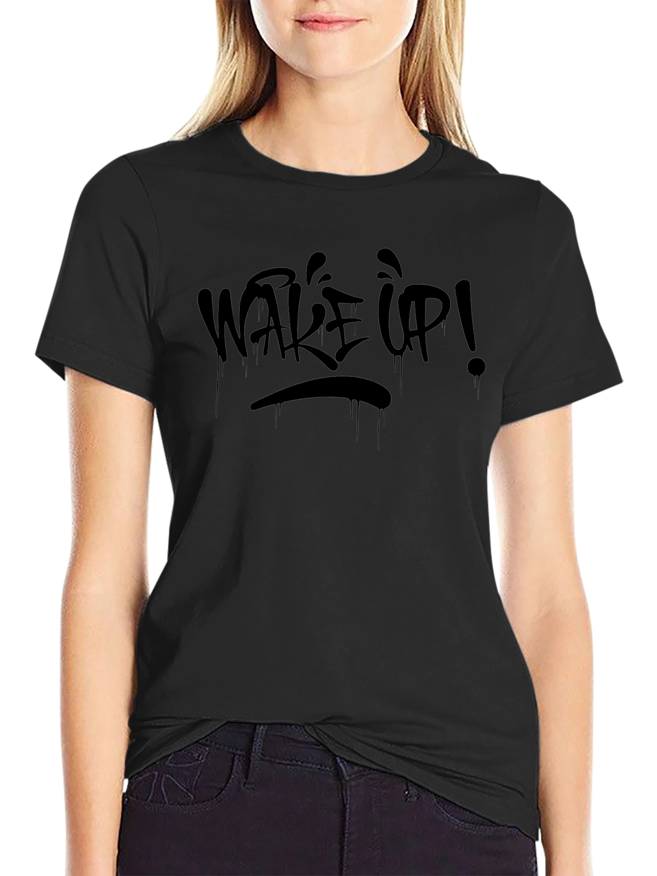 Wake Up! Graphic Print Black T-Shirt