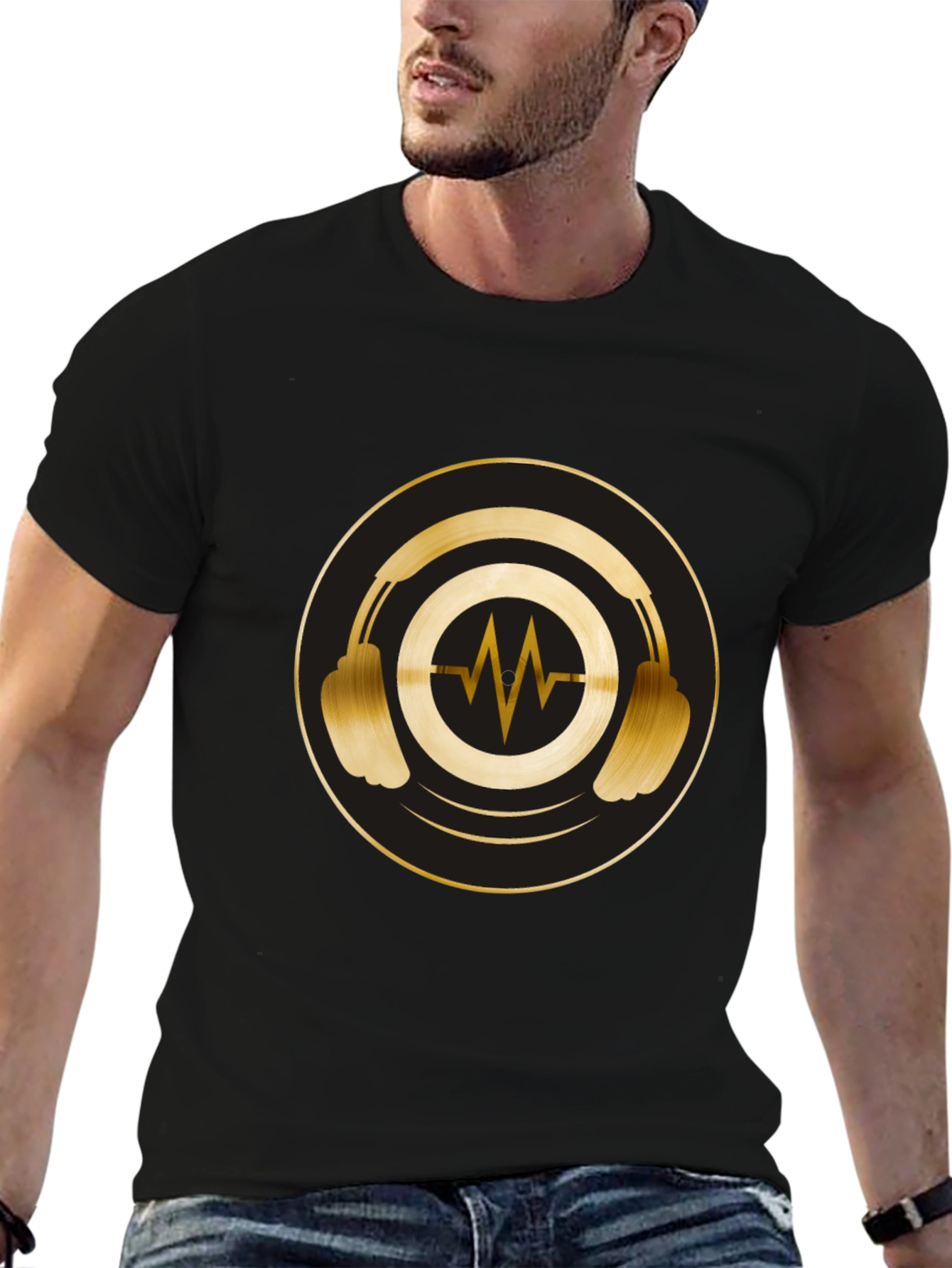 Gold Headphones Graphic Black Tee
