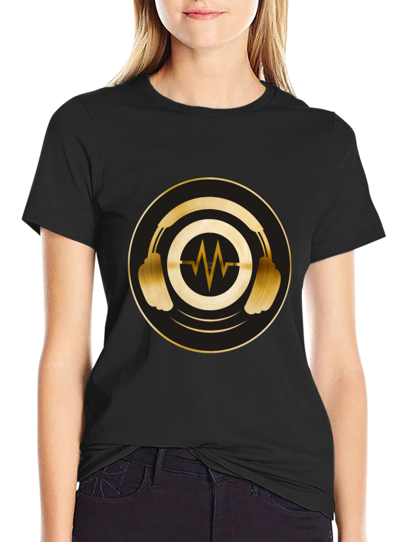 Gold Headphones Graphic Black Tee