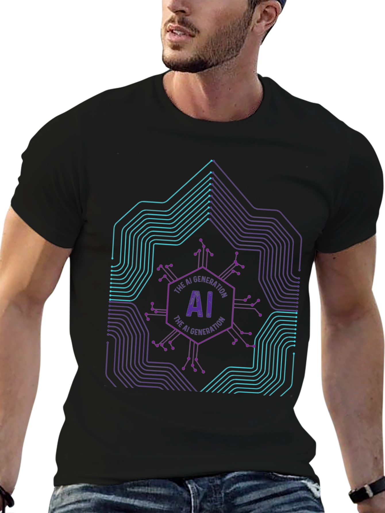 AI Generation Graphic Print Black T-Shirt