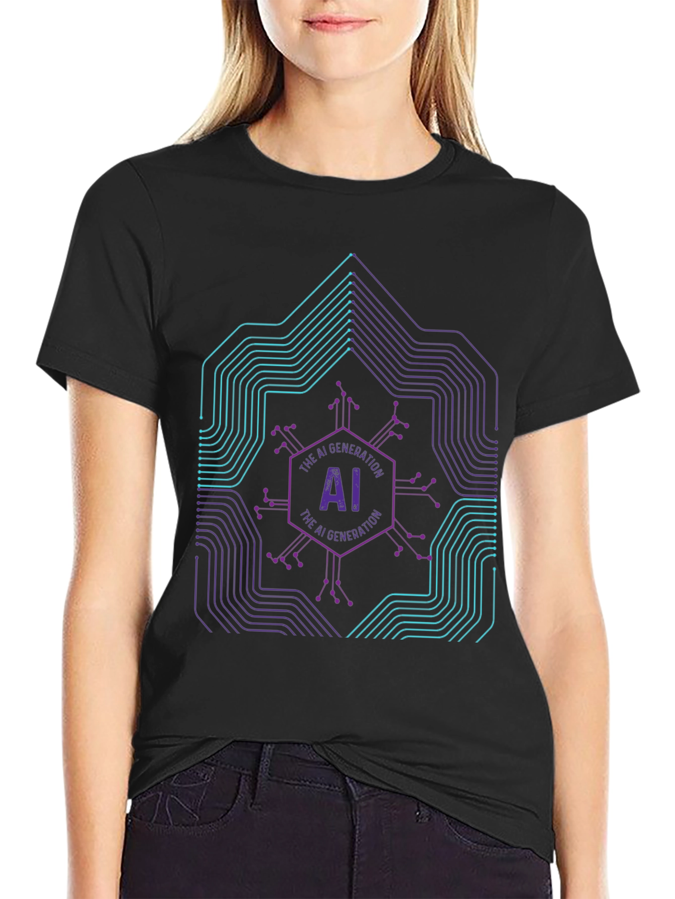 AI Generation Graphic Print Black T-Shirt