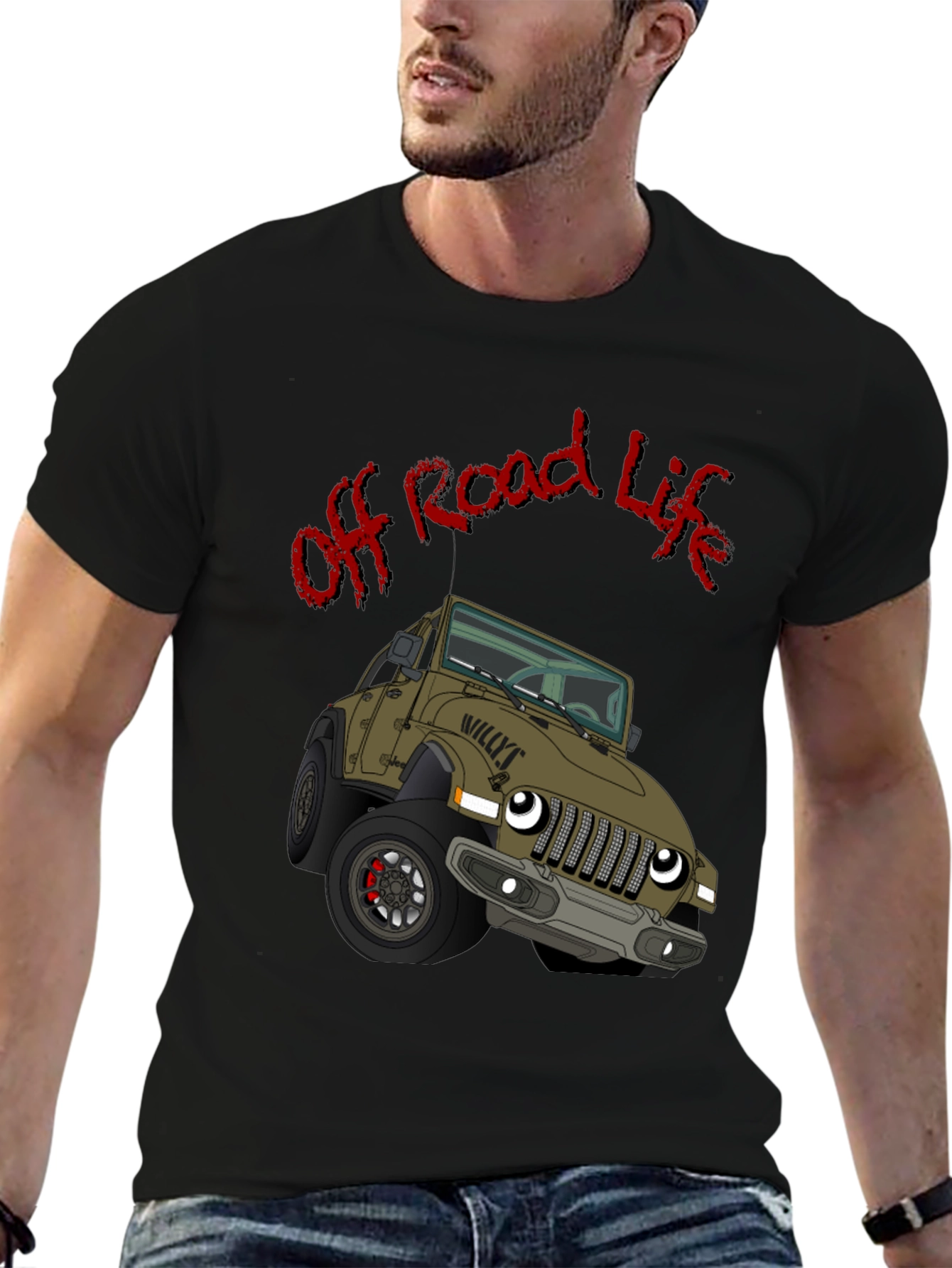 Off Road Life Cartoon Jeep Black T-Shirt